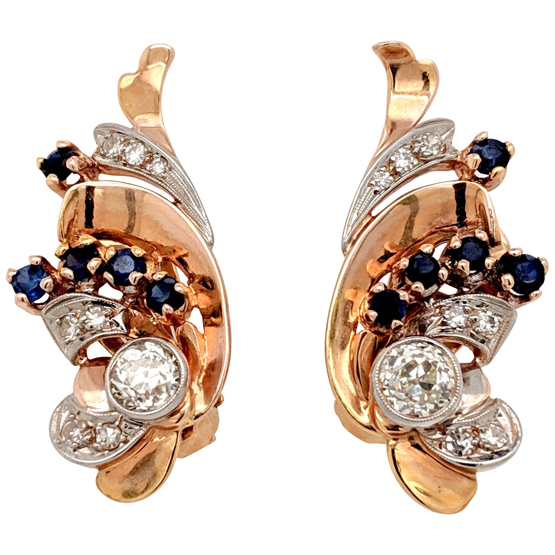 Retro circa 1950s Diamond and Sapphire Earrings