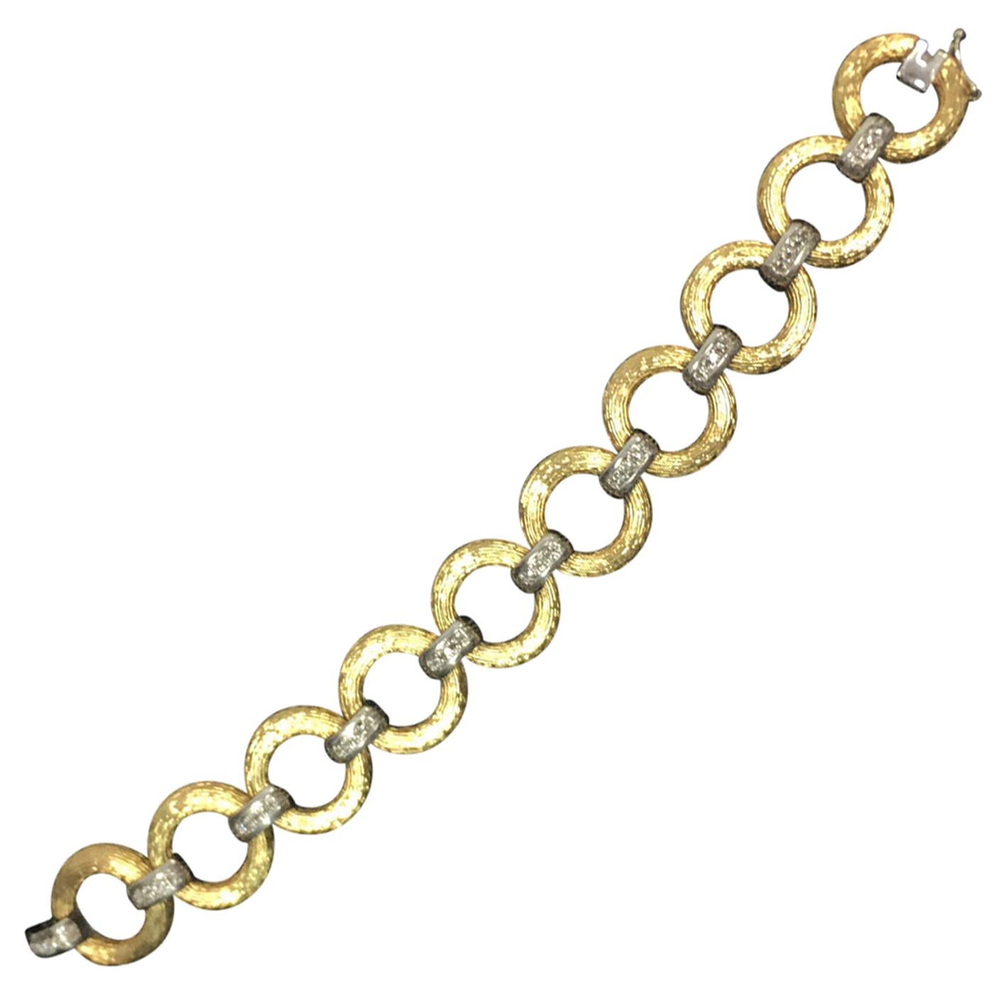 Retro Circle and Diamond Bar Gold Bracelet Estate Fine Jewelry For Sale