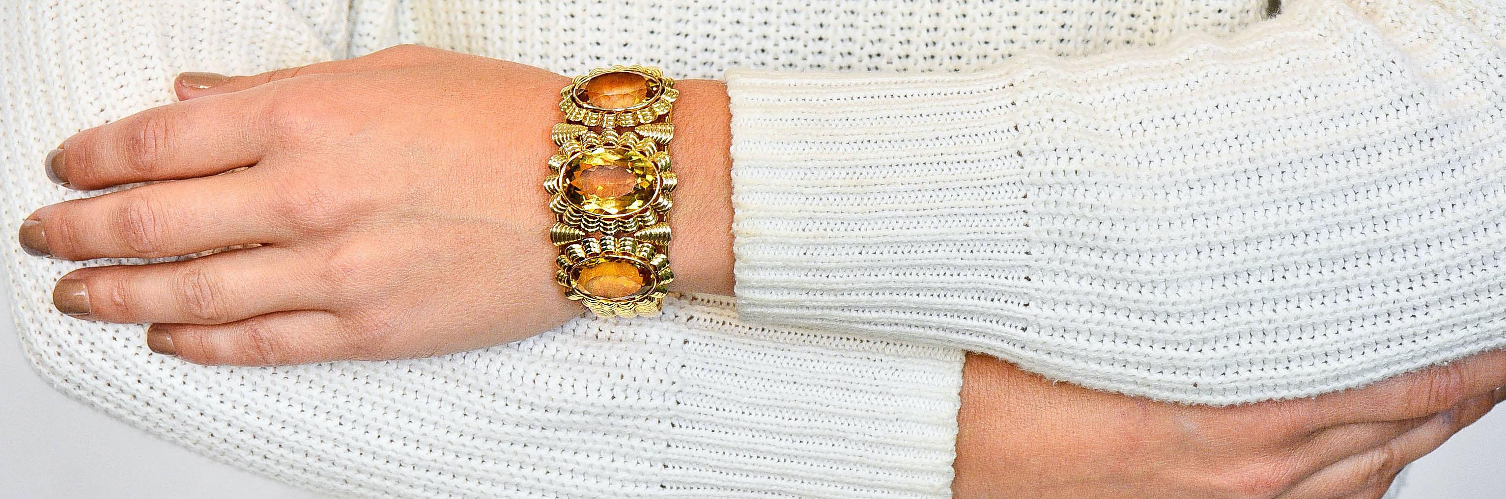 Retro Citrine 14 Karat Yellow Gold Floral Gemstone Cuff Style Bracelet 5