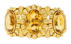 Retro Citrine 14 Karat Yellow Gold Floral Gemstone Cuff Style Bracelet