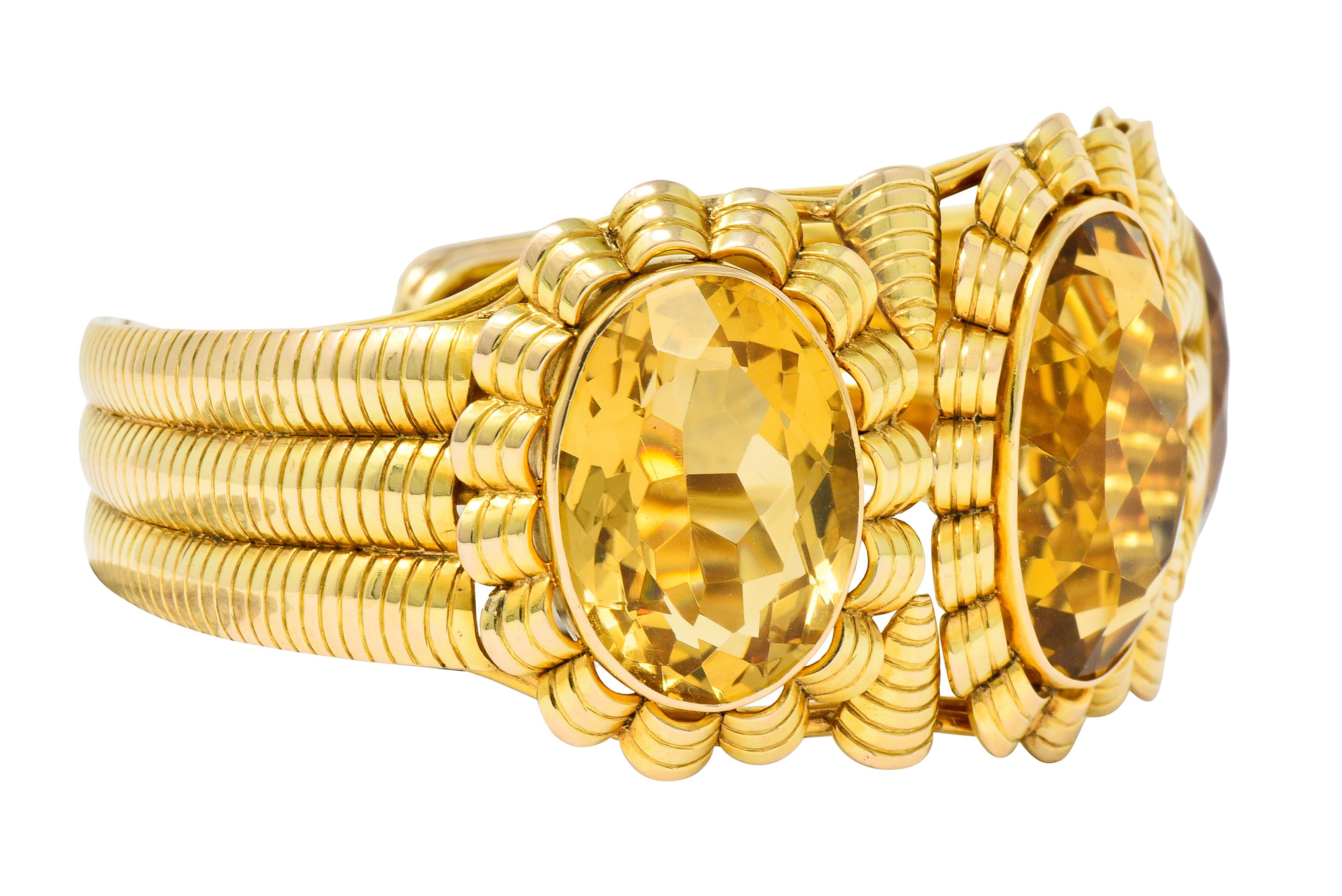 Oval Cut Retro Citrine 14 Karat Yellow Gold Floral Gemstone Cuff Style Bracelet