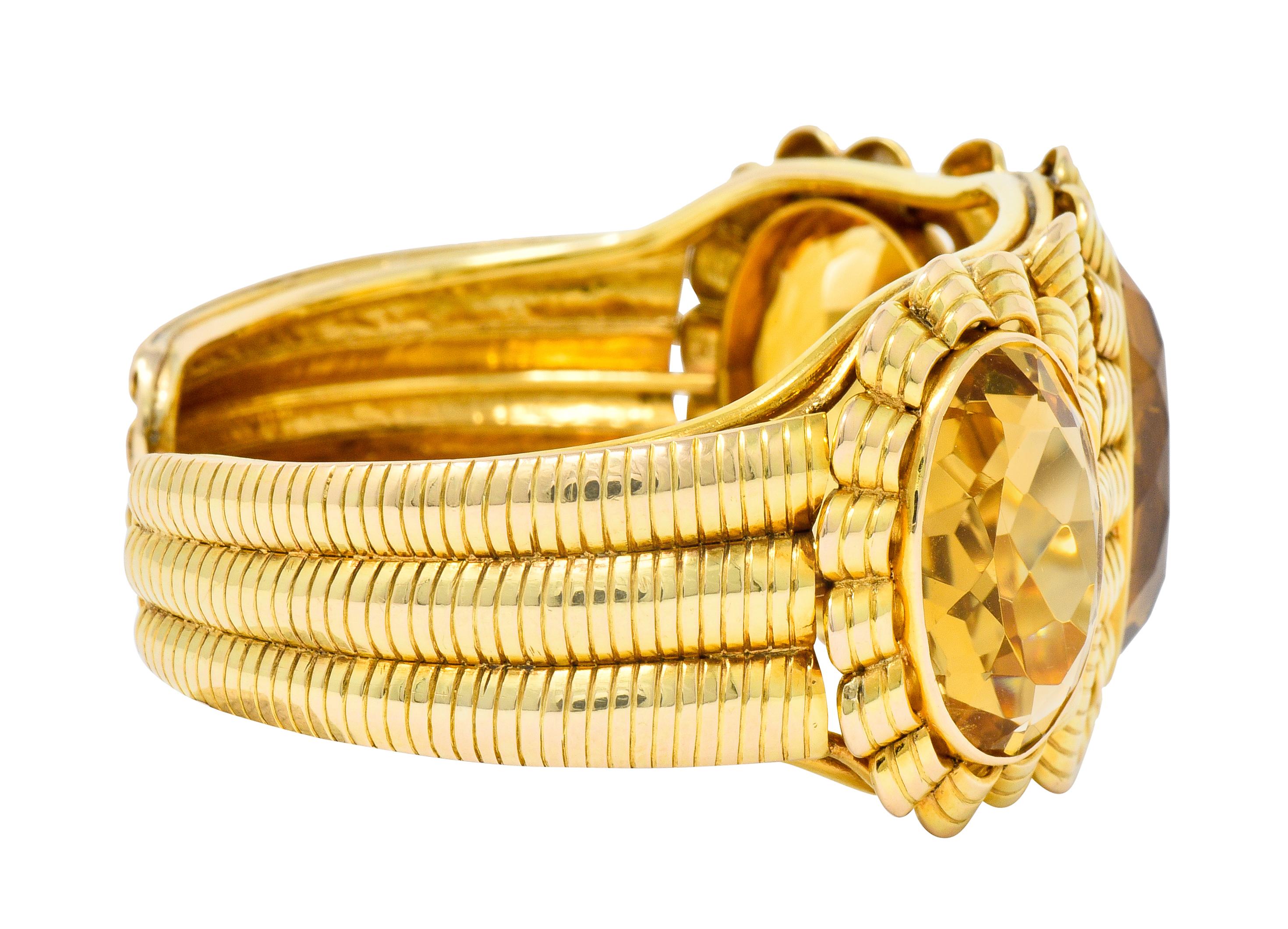 Retro Citrine 14 Karat Yellow Gold Floral Gemstone Cuff Style Bracelet In Excellent Condition In Philadelphia, PA