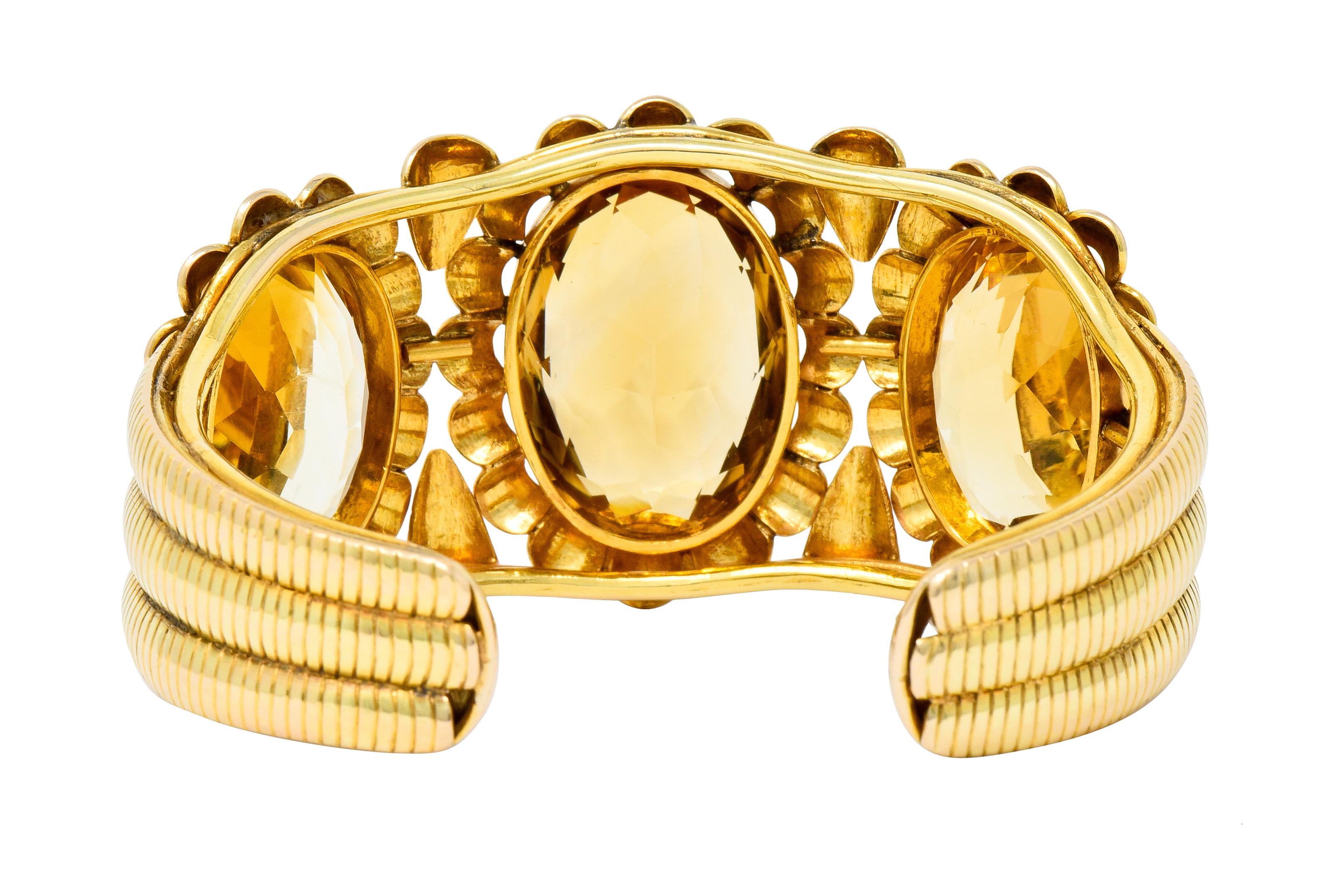Women's or Men's Retro Citrine 14 Karat Yellow Gold Floral Gemstone Cuff Style Bracelet