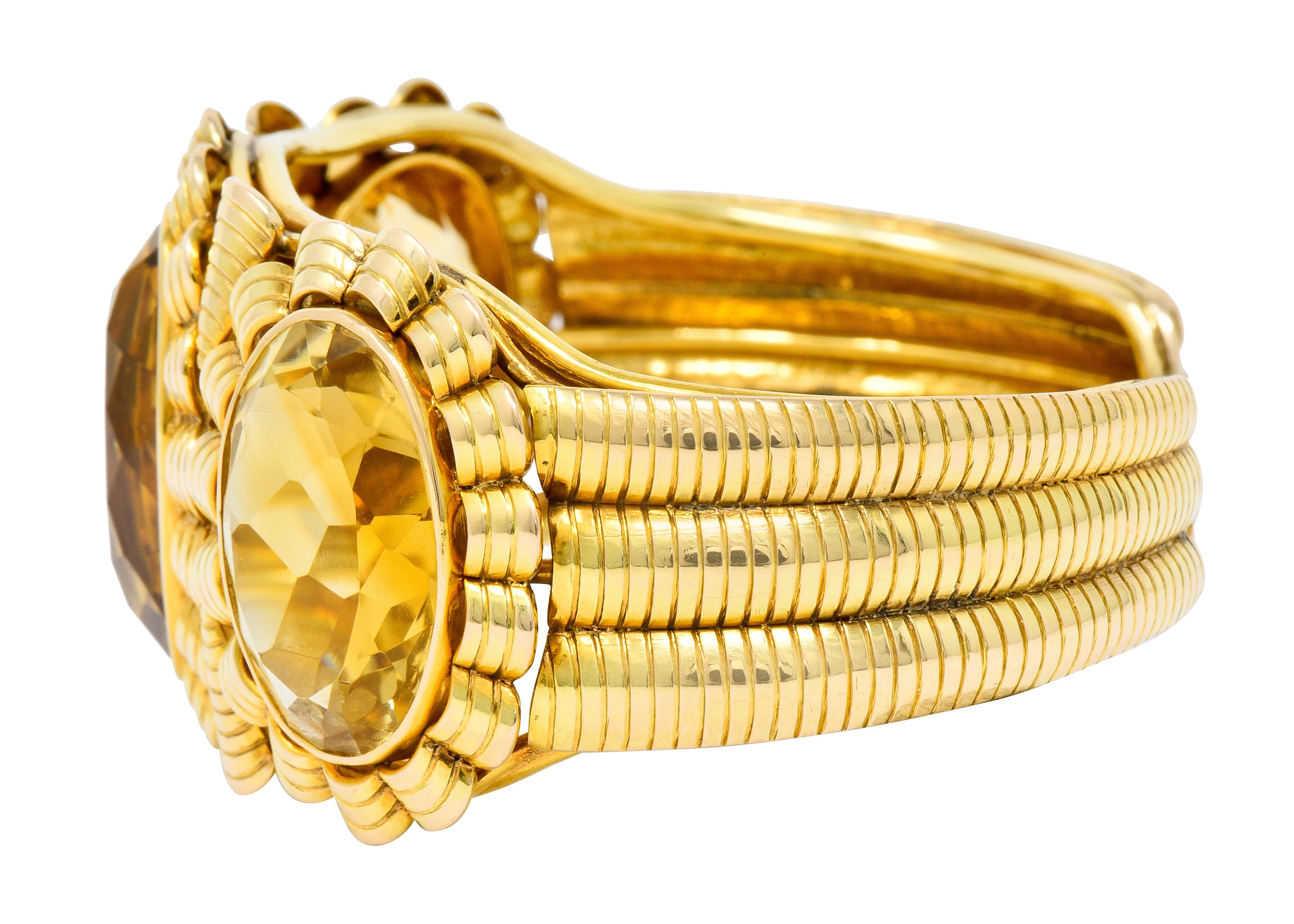 Retro Citrine 14 Karat Yellow Gold Floral Gemstone Cuff Style Bracelet 1