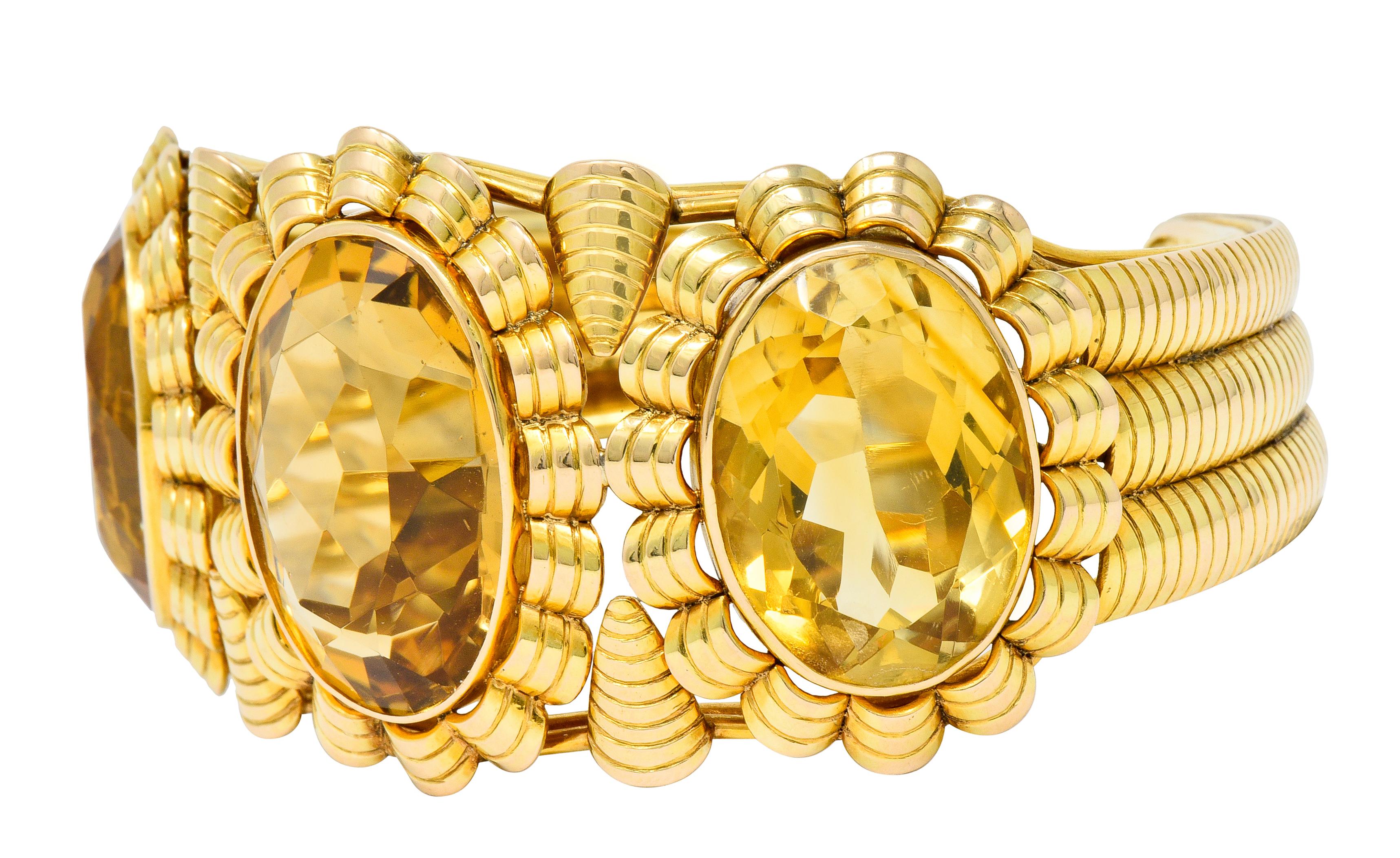 Retro Citrine 14 Karat Yellow Gold Floral Gemstone Cuff Style Bracelet 2