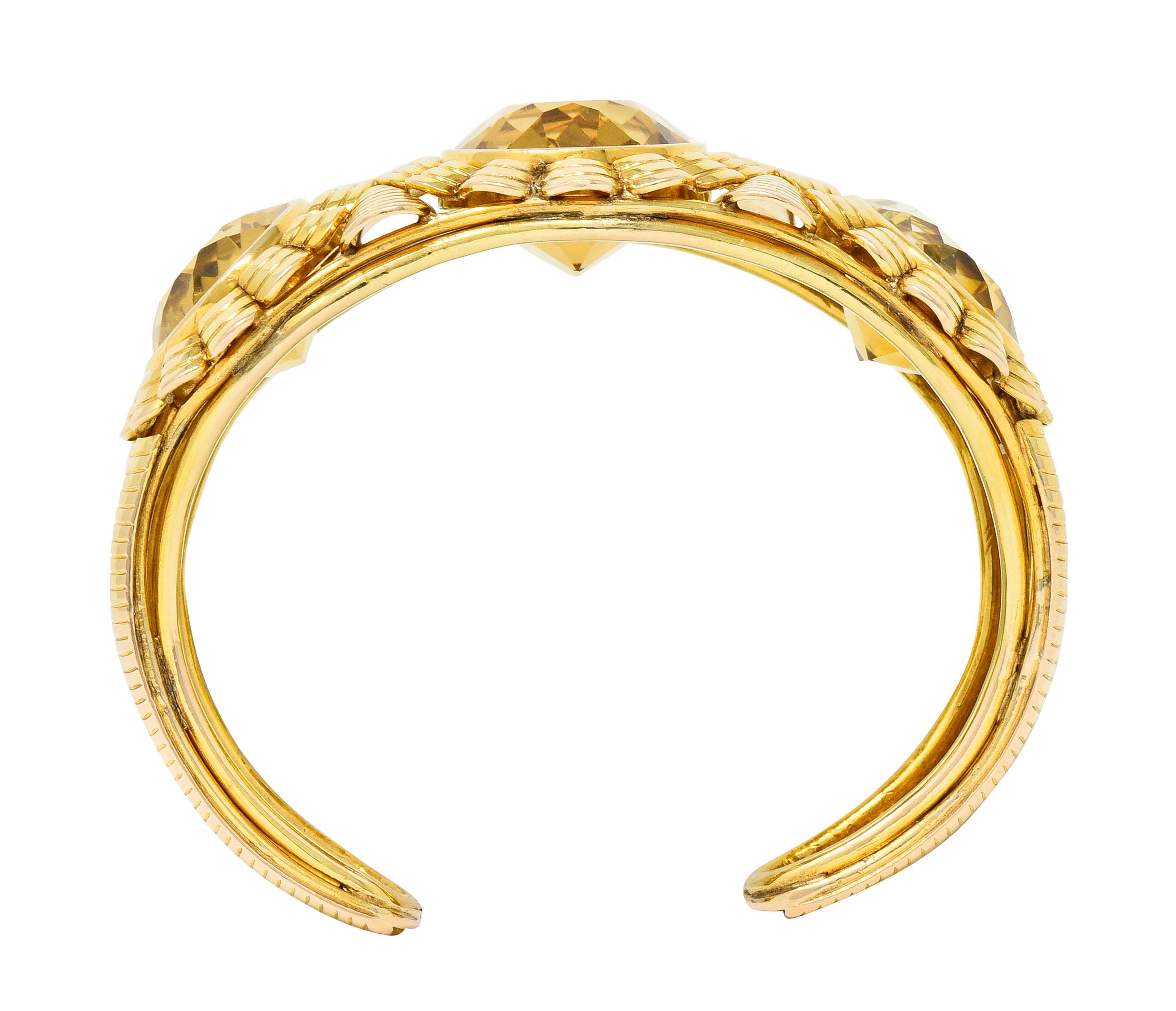 Retro Citrine 14 Karat Yellow Gold Floral Gemstone Cuff Style Bracelet 3