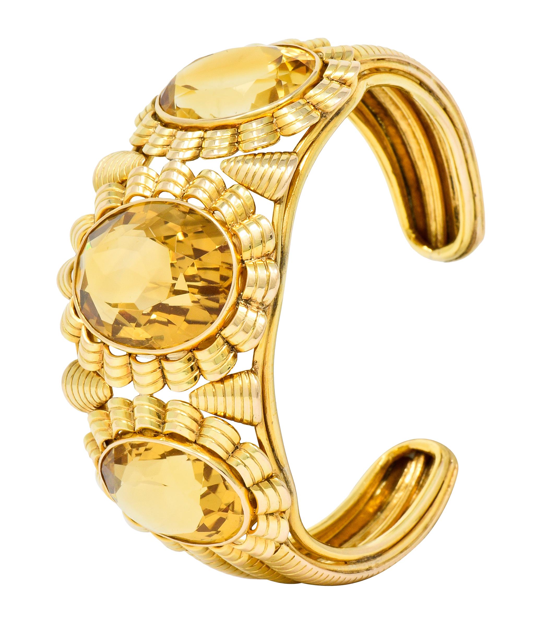 Retro Citrine 14 Karat Yellow Gold Floral Gemstone Cuff Style Bracelet 4