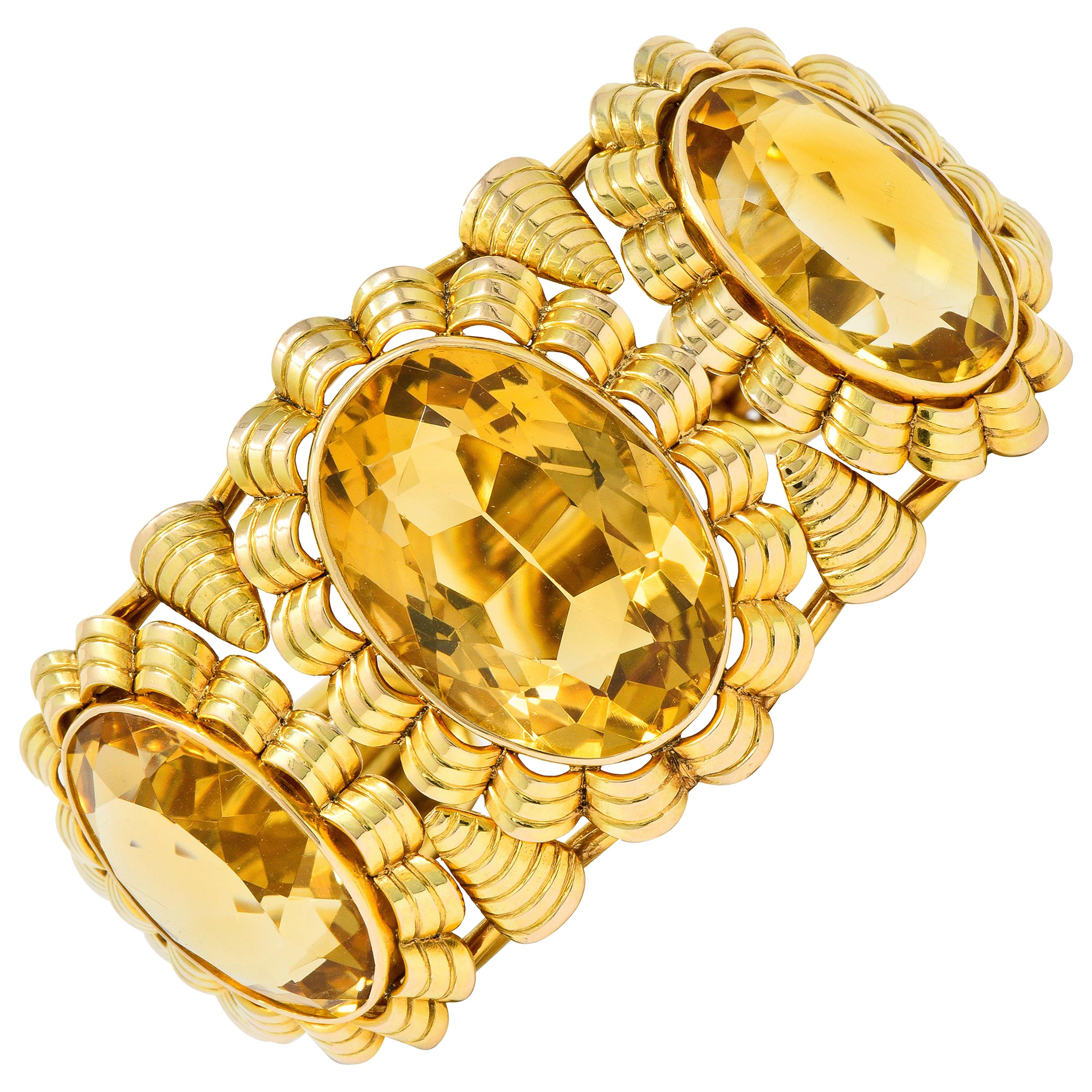 Retro Citrine 14 Karat Yellow Gold Floral Gemstone Cuff Style Bracelet