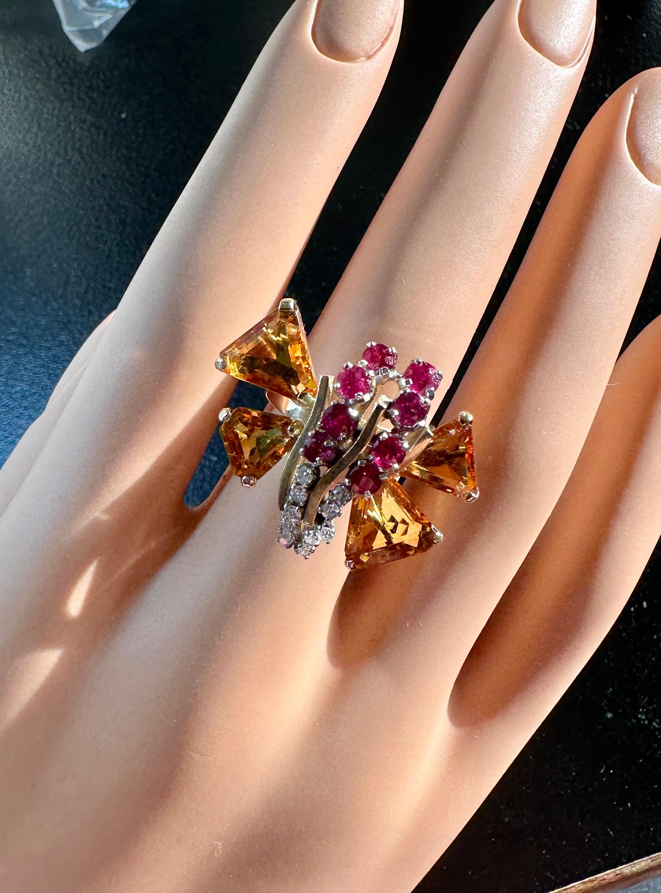 Retro Citrin 8 Rubin 10 Diamant Schmetterlingsring 14 Karat Gold Art Deco Insect im Angebot 5