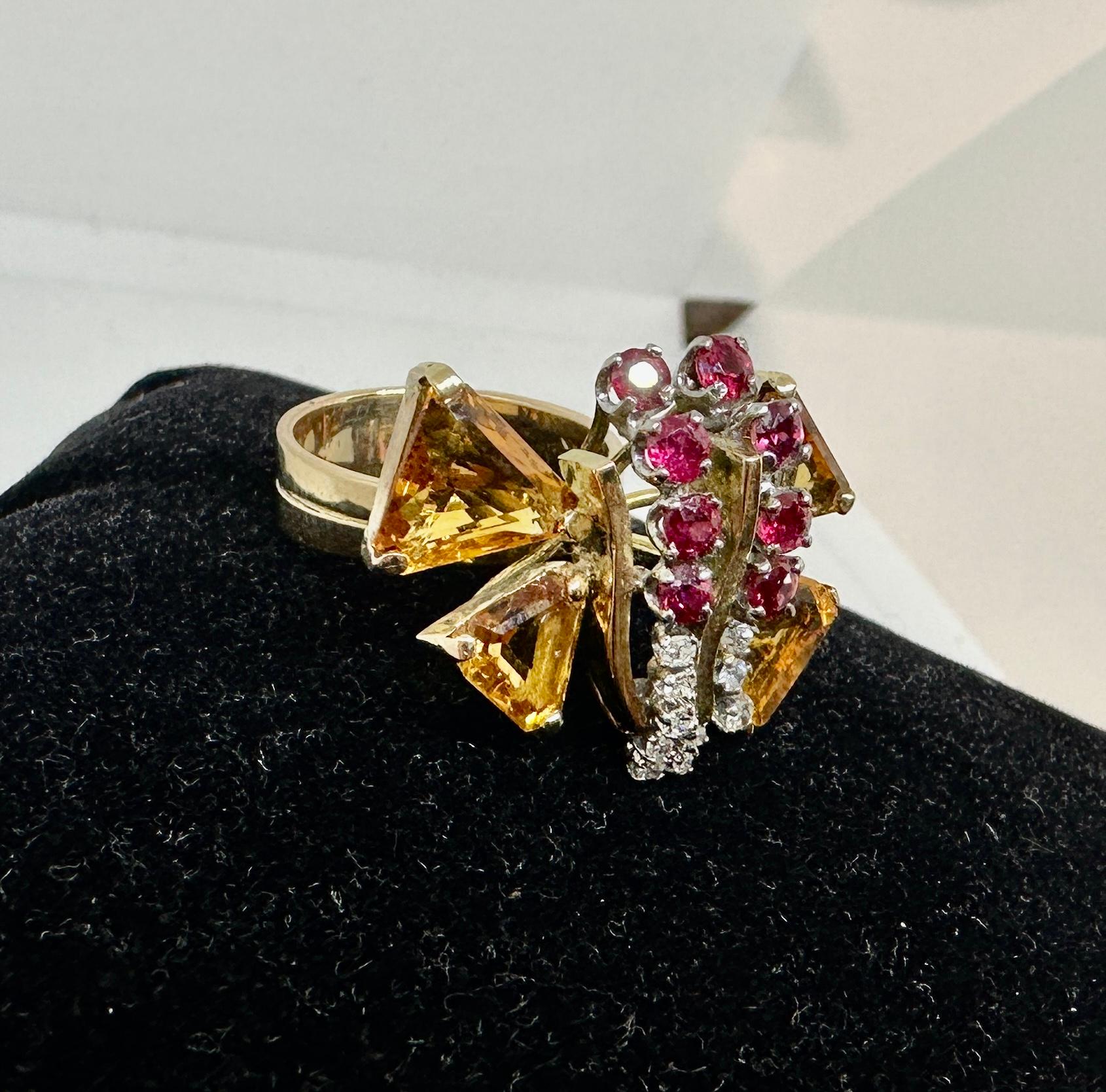 Retro Citrin 8 Rubin 10 Diamant Schmetterlingsring 14 Karat Gold Art Deco Insect im Angebot 6