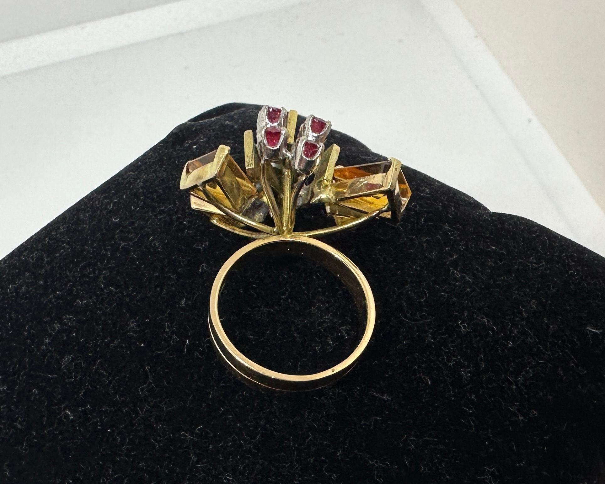Retro Citrin 8 Rubin 10 Diamant Schmetterlingsring 14 Karat Gold Art Deco Insect im Angebot 7