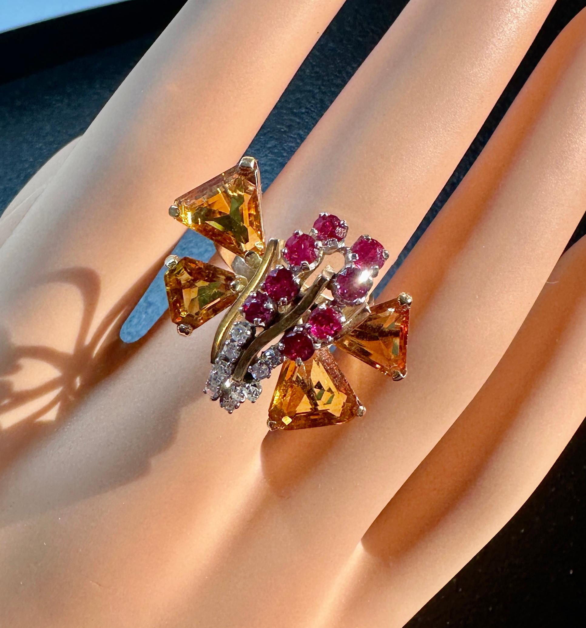 Retro Citrin 8 Rubin 10 Diamant Schmetterlingsring 14 Karat Gold Art Deco Insect im Angebot 8