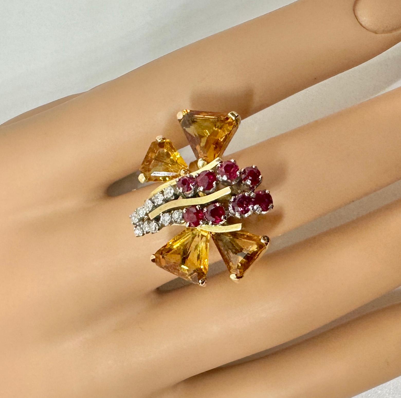 Retro Citrin 8 Rubin 10 Diamant Schmetterlingsring 14 Karat Gold Art Deco Insect im Zustand „Hervorragend“ im Angebot in New York, NY