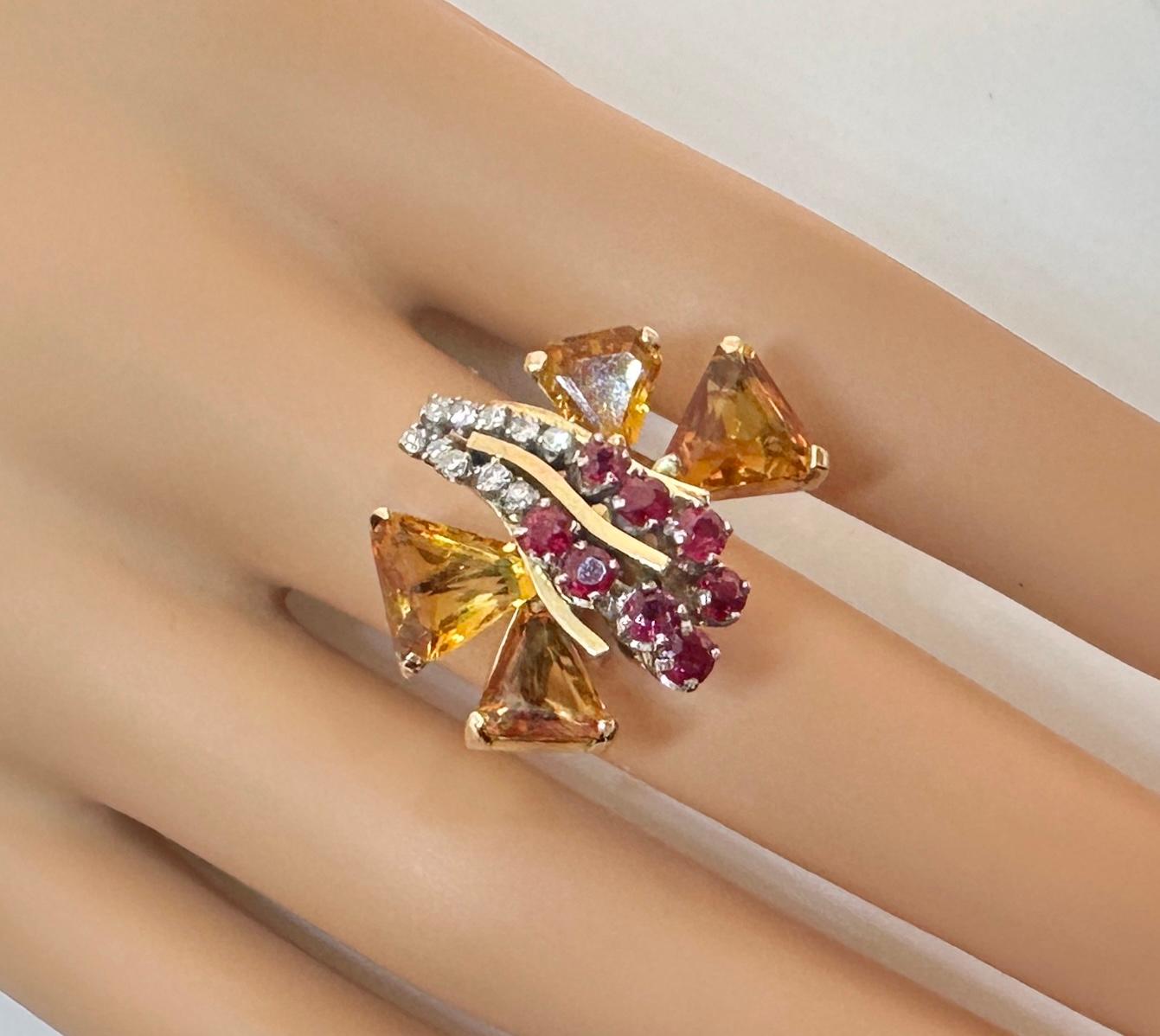 Retro Citrin 8 Rubin 10 Diamant Schmetterlingsring 14 Karat Gold Art Deco Insect Damen im Angebot