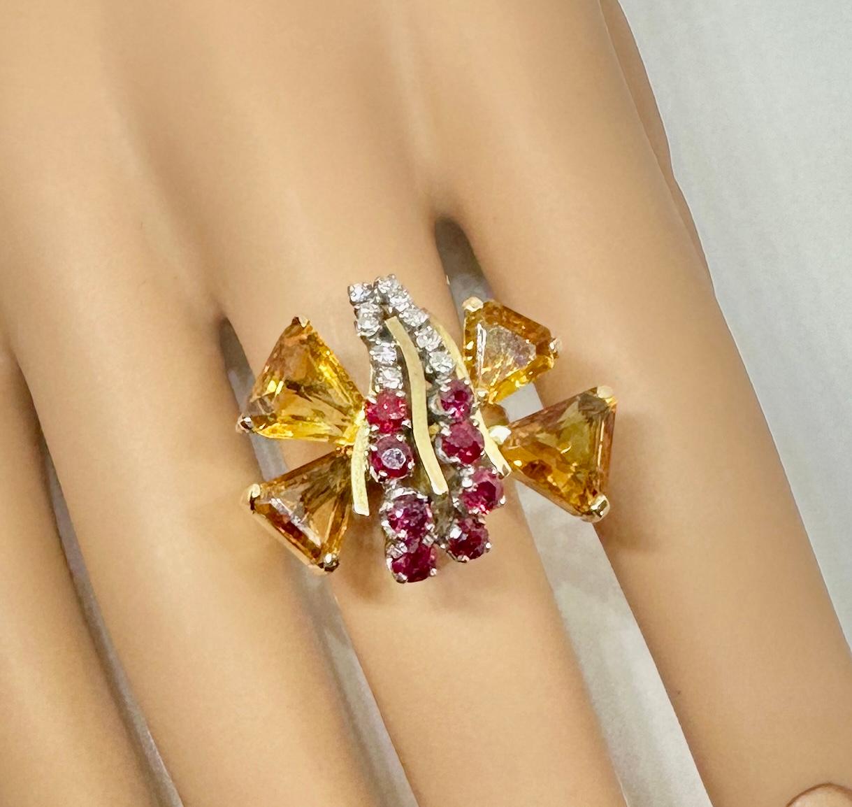 Retro Citrin 8 Rubin 10 Diamant Schmetterlingsring 14 Karat Gold Art Deco Insect im Angebot 3