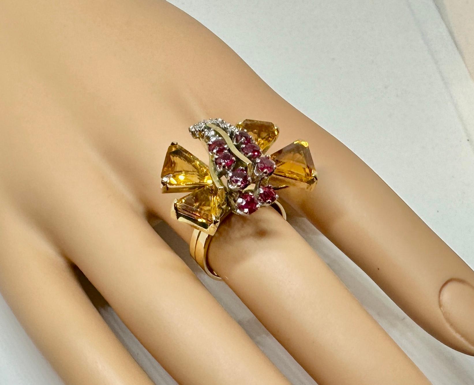 Retro Citrin 8 Rubin 10 Diamant Schmetterlingsring 14 Karat Gold Art Deco Insect im Angebot 4