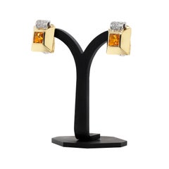 Retro Citrine and Diamond 18 Carat Gold Square Stud Earrings