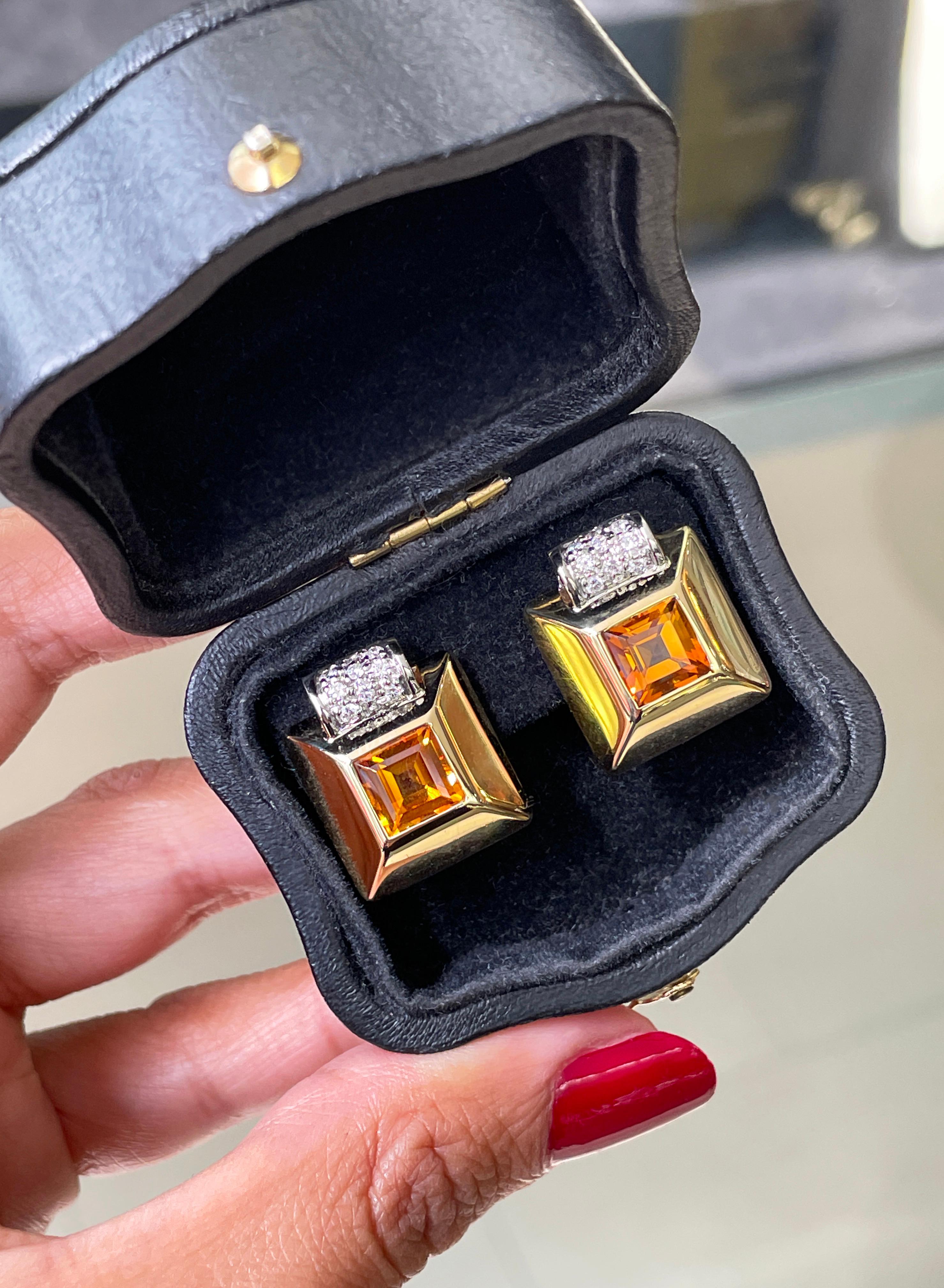 Asscher Cut Retro Citrine and Diamond 18 Carat Gold Square Stud Earrings For Sale
