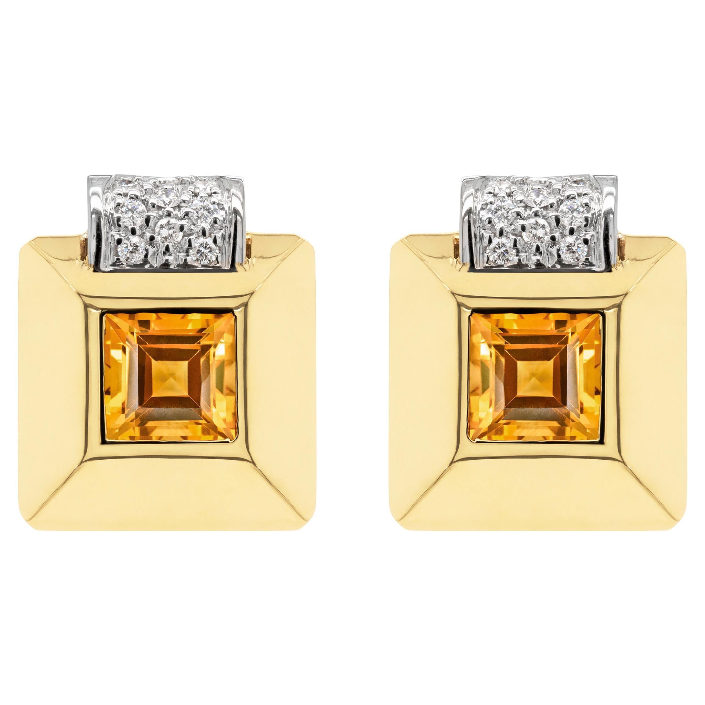 Retro Citrine and Diamond 18 Carat Gold Square Stud Earrings For Sale