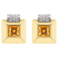 Boucles d'oreilles carrées en or 18 carats Citrine rétro et diamant