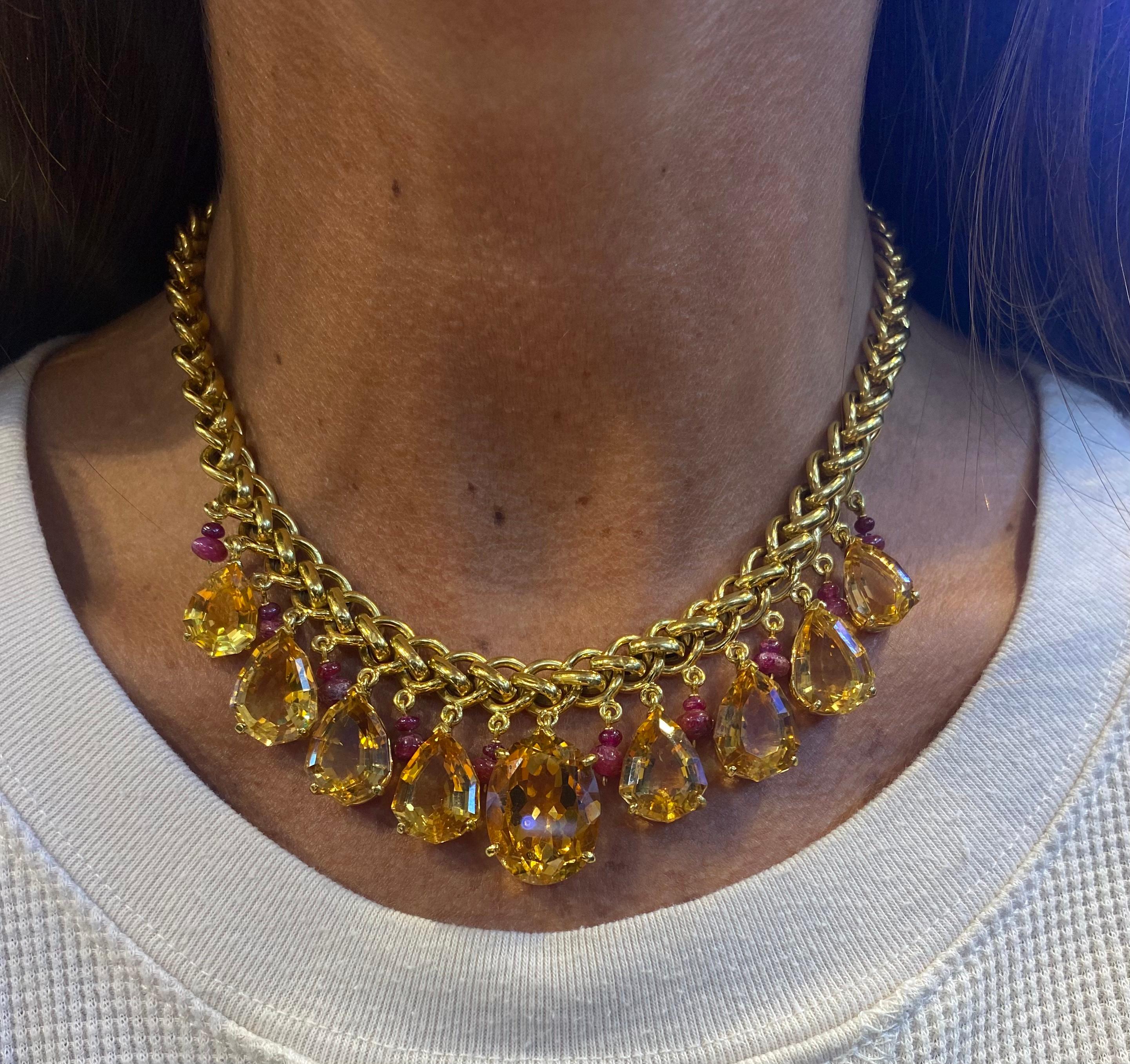 Pear Cut Retro Citrine and Ruby Necklace For Sale