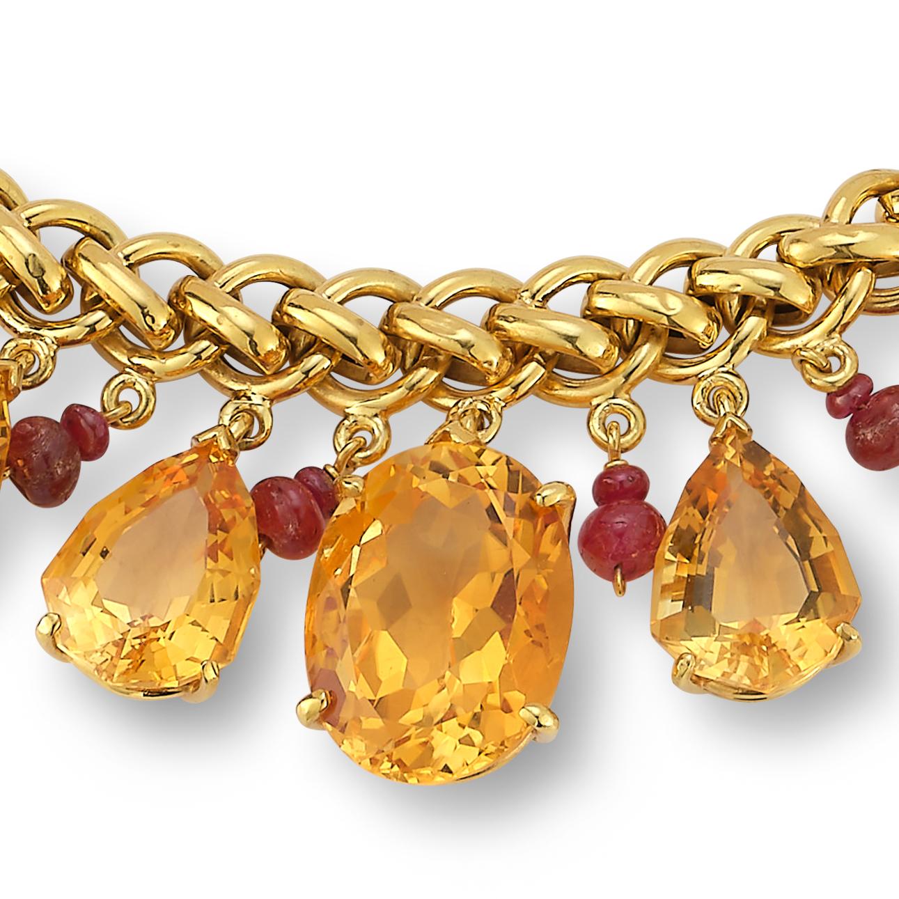 Retro Citrine and Ruby Necklace In Good Condition For Sale In New York, NY