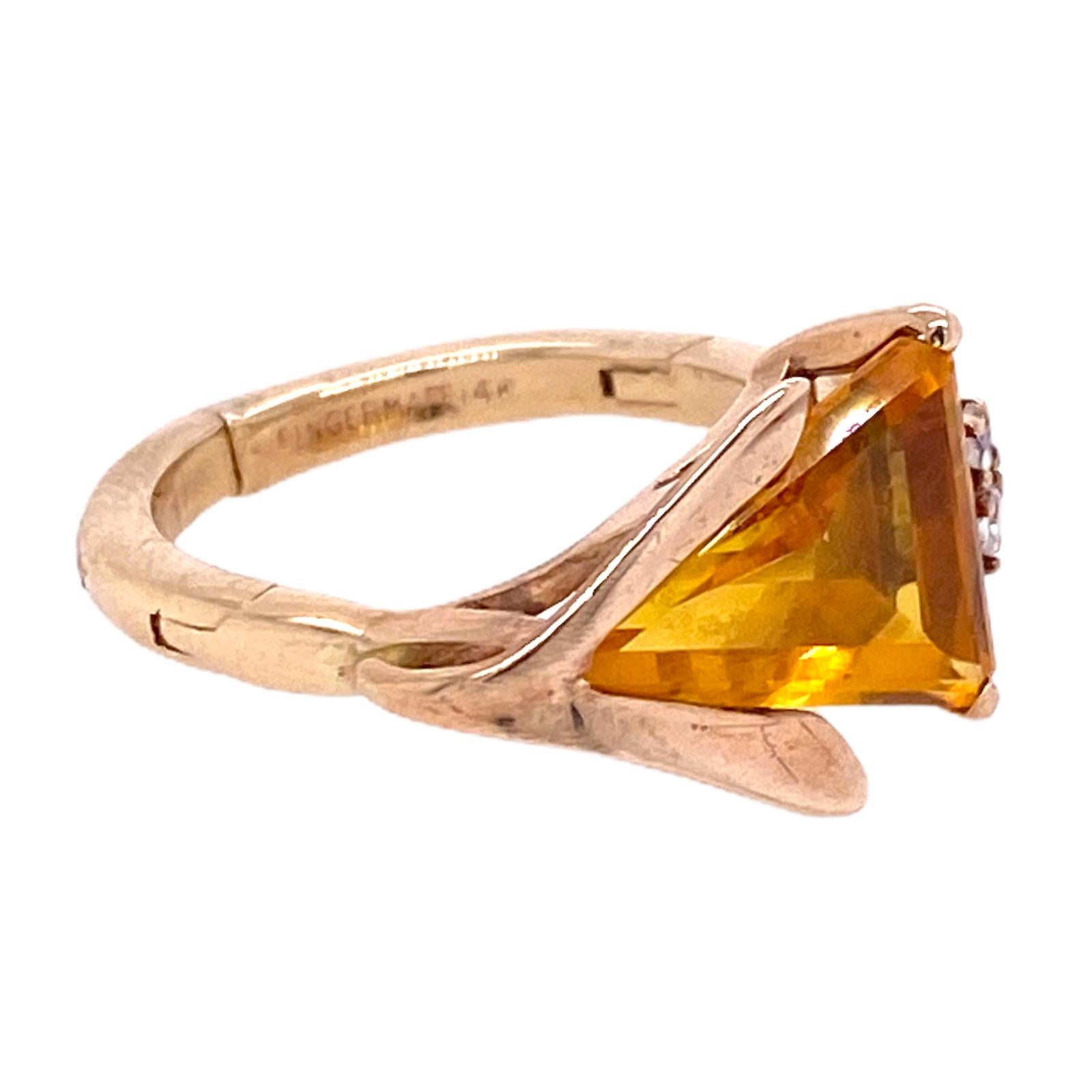 Trillion Cut Retro Citrine Diamond 14 Karat Yellow Gold Vintage Ring