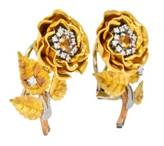 Retro Citrine Diamond Platinum 14 Karat Tri-Colored Gold Flower Ear-Clip Earring
