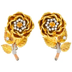 Retro Citrine Diamond Platinum 14 Karat Tri-Colored Gold Flower Ear-Clip Earring