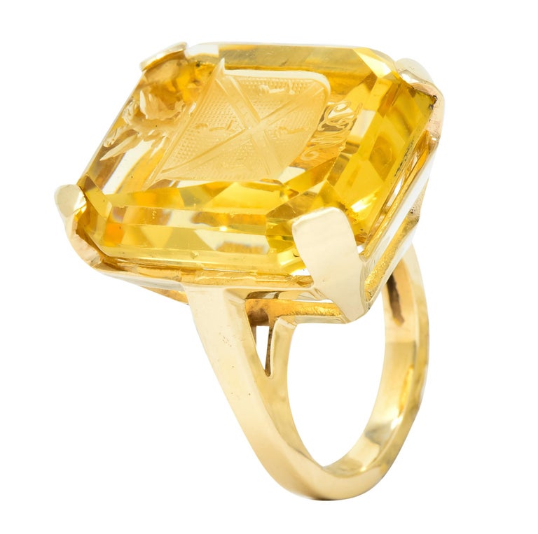 Retro Citrine Intaglio 14 Karat Gold Statement Ring at 1stDibs