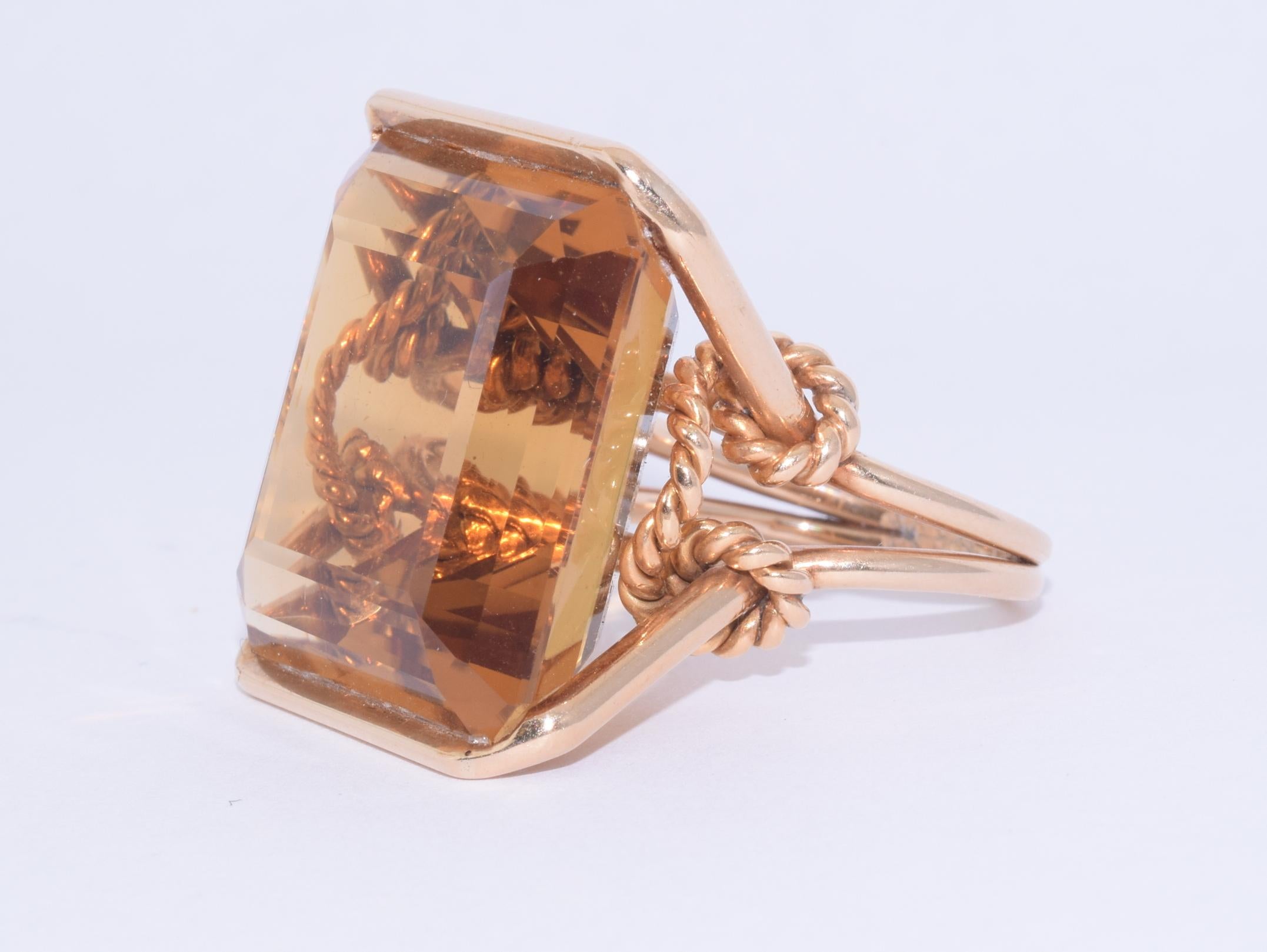 Emerald Cut Retro Citrine Knot Motif Cocktail Ring For Sale
