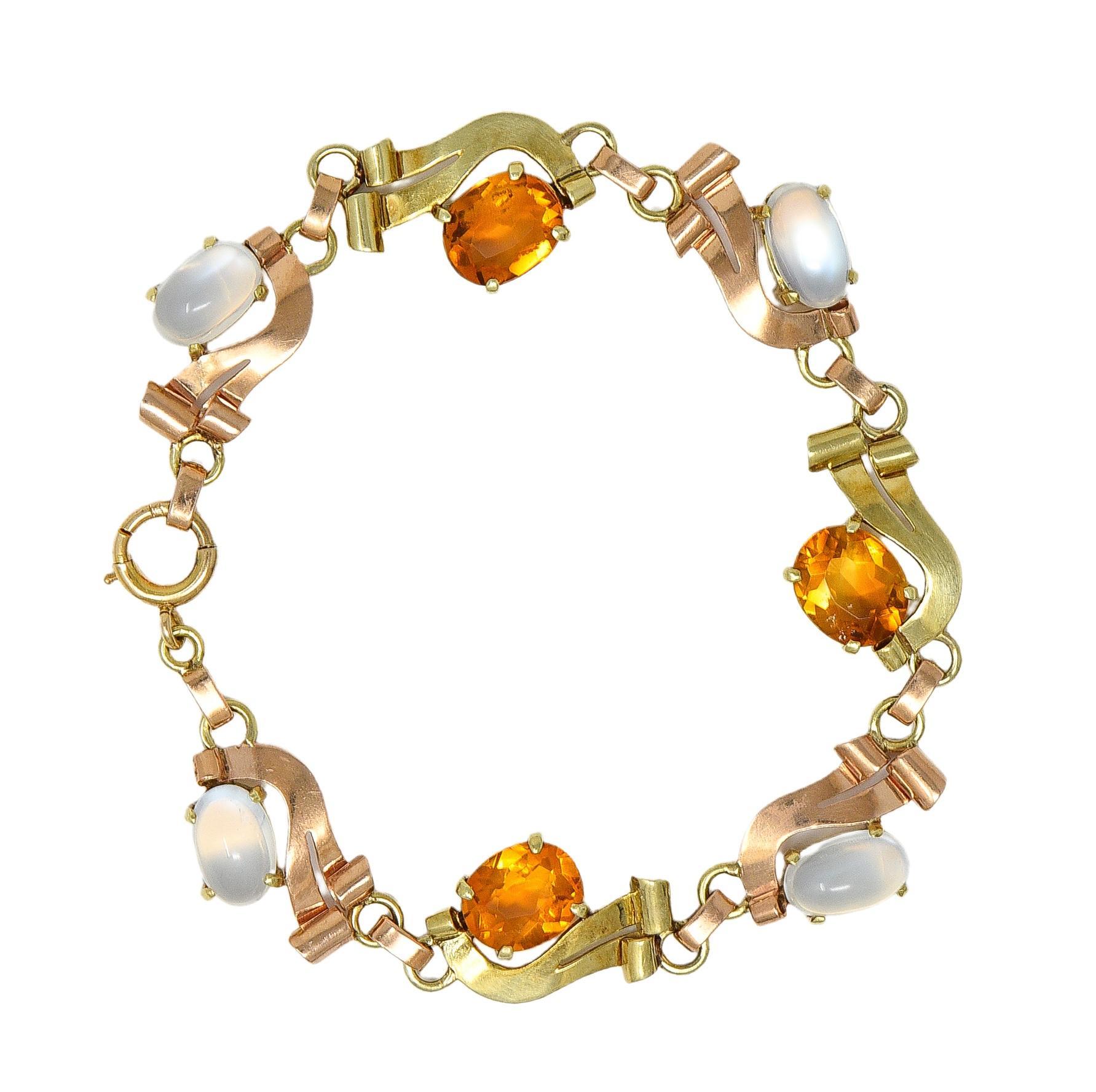Retro Citrine Moonstone 14 Karat Two-Tone Gold Vintage Ribbon Link Bracelet en venta 5
