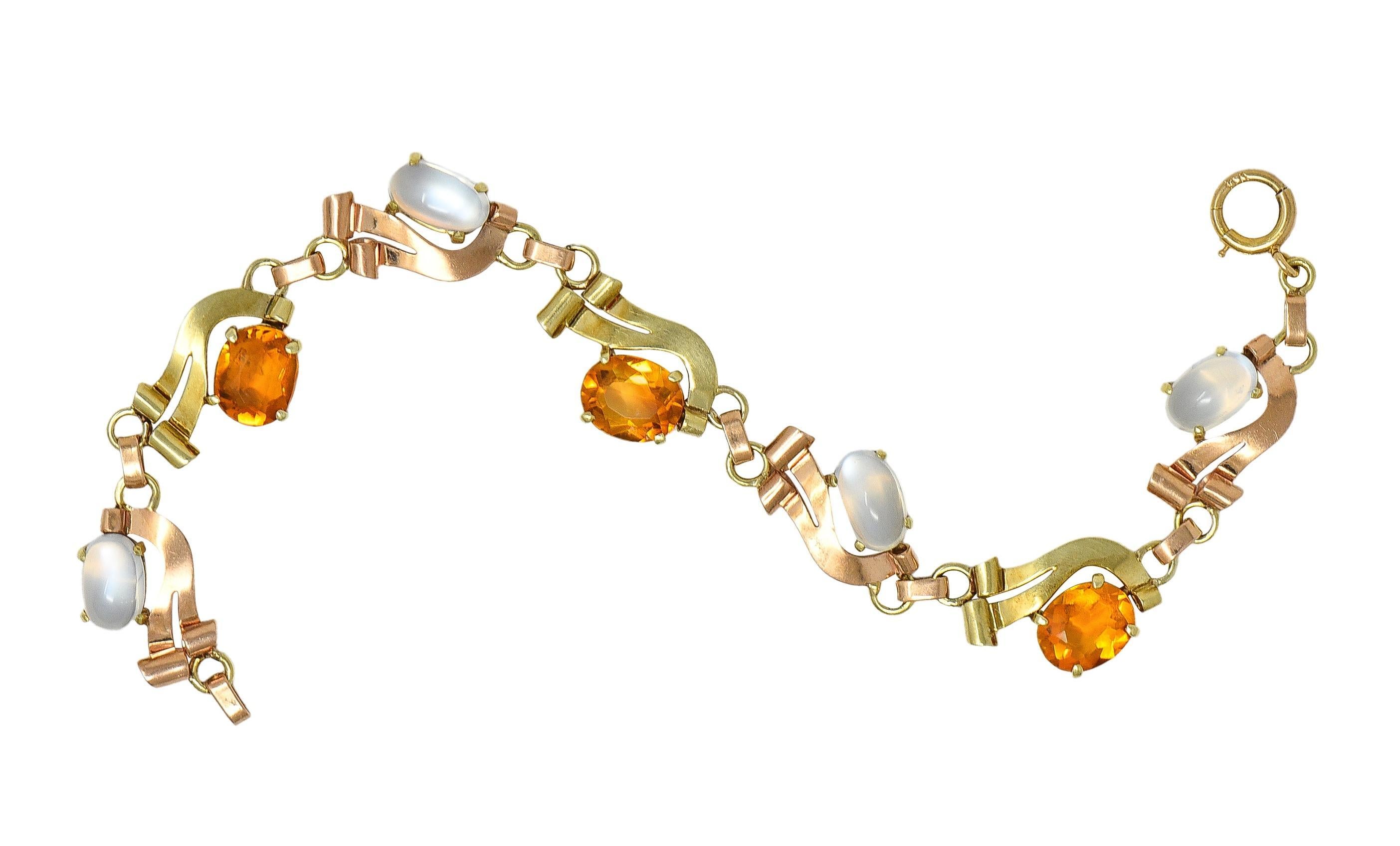 Retro Citrine Moonstone 14 Karat Two-Tone Gold Vintage Ribbon Link Bracelet en Excelente estado para la venta en Philadelphia, PA