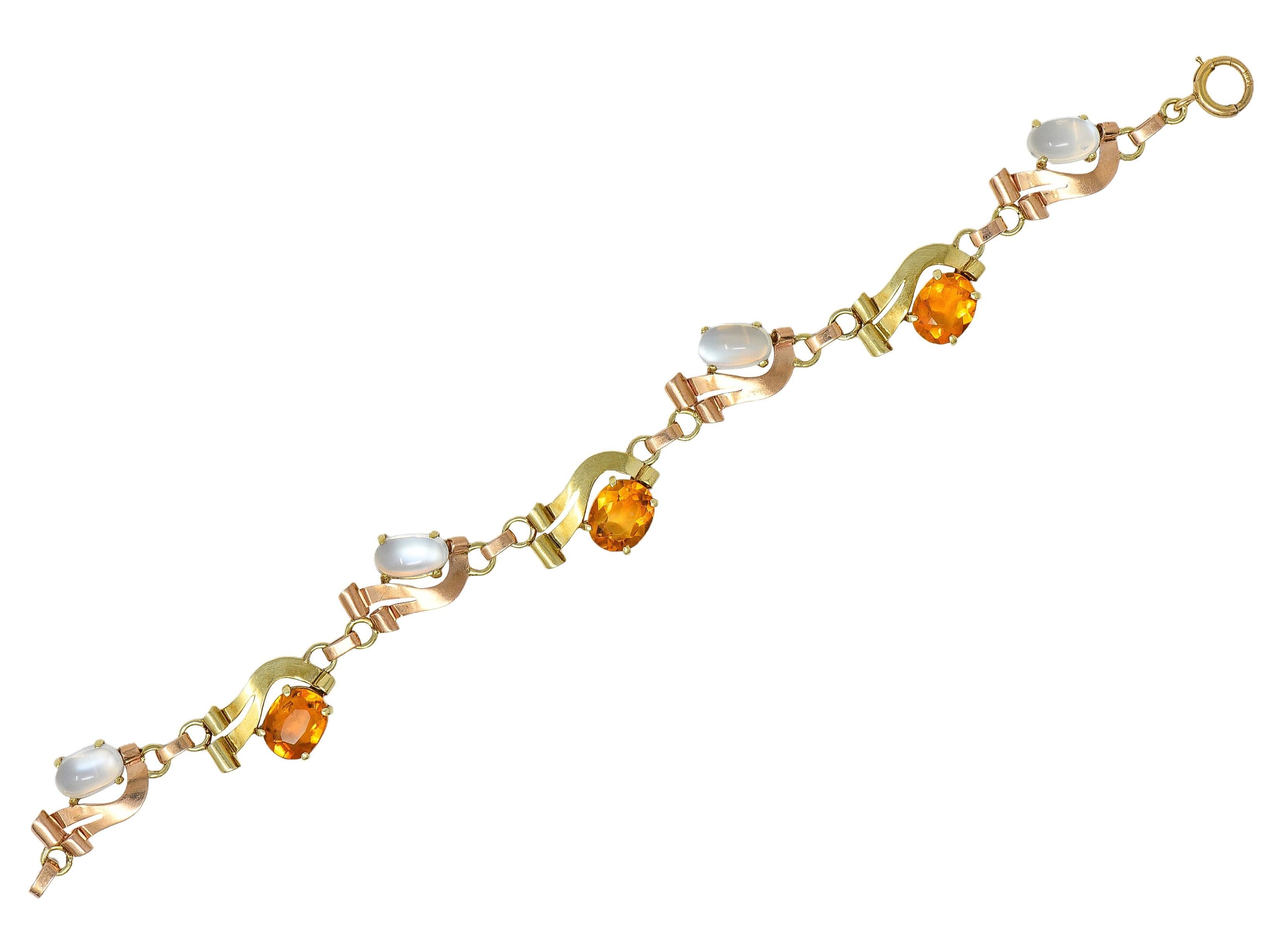 De las mujeres Retro Citrine Moonstone 14 Karat Two-Tone Gold Vintage Ribbon Link Bracelet en venta