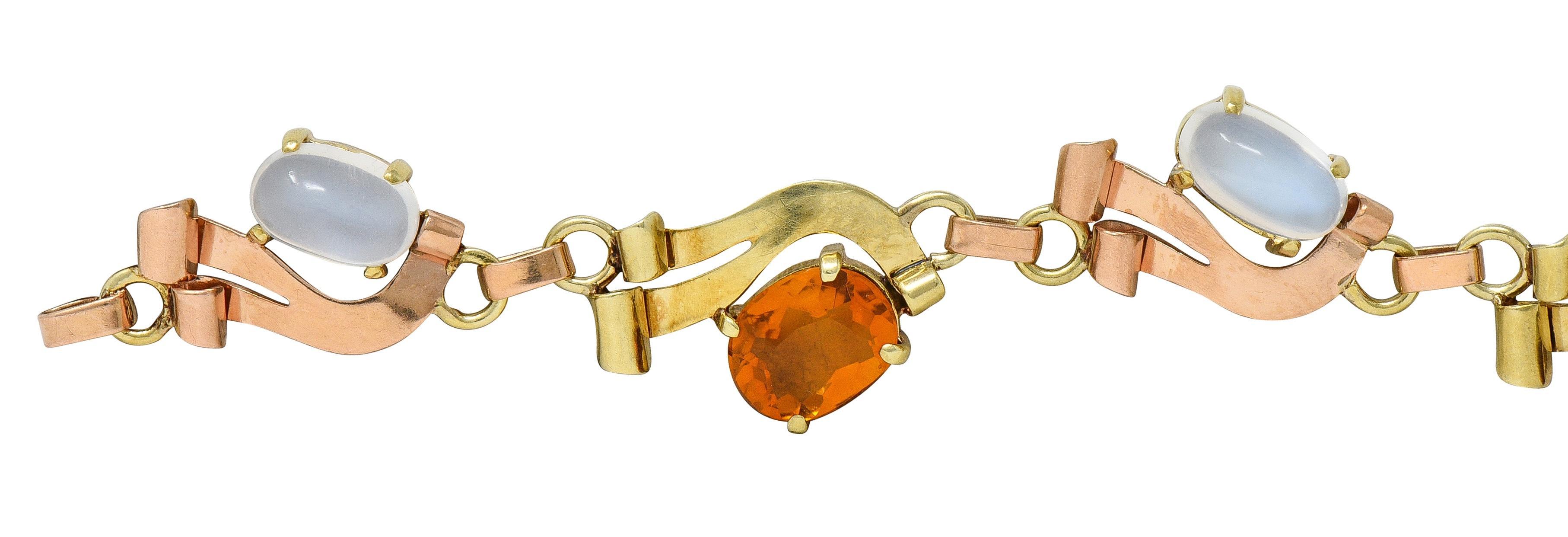 Retro Citrine Moonstone 14 Karat Two-Tone Gold Vintage Ribbon Link Bracelet en venta 1