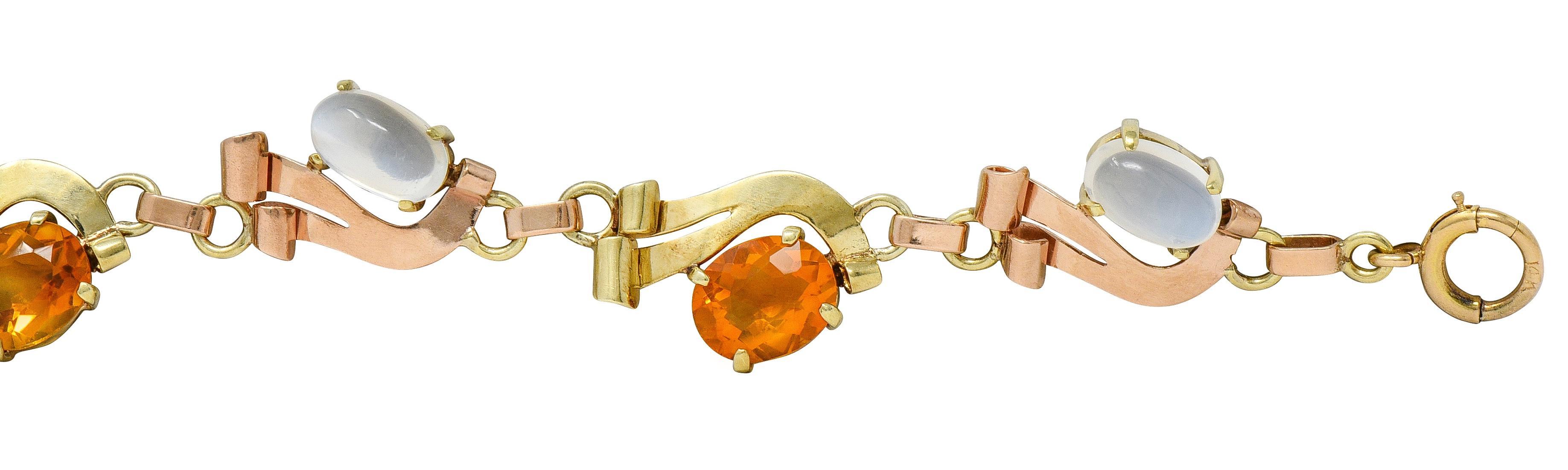 Retro Citrine Moonstone 14 Karat Two-Tone Gold Vintage Ribbon Link Bracelet en venta 2