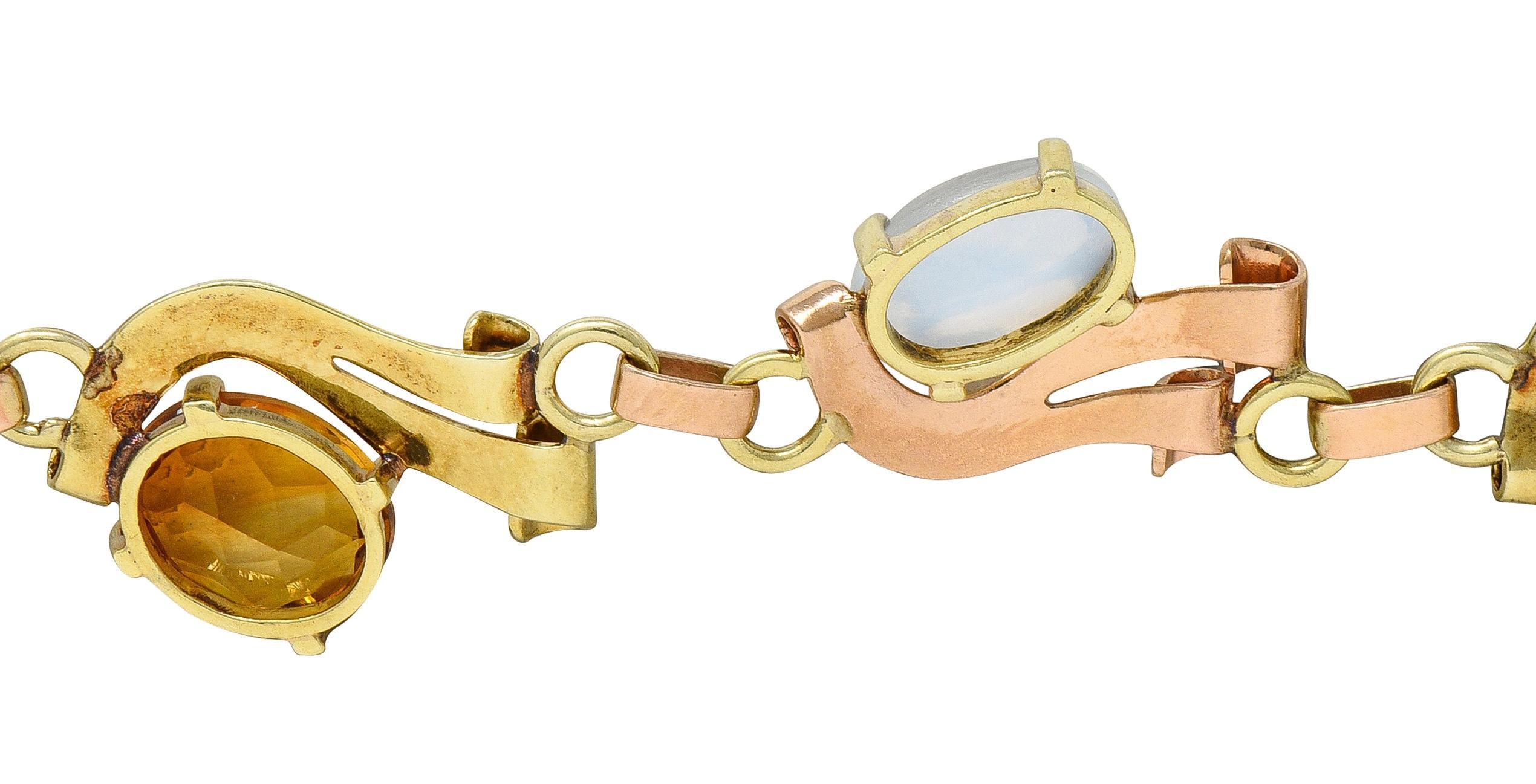 Retro Citrine Moonstone 14 Karat Two-Tone Gold Vintage Ribbon Link Bracelet en venta 4