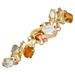 Retro Citrine Moonstone 14 Karat Two-Tone Gold Vintage Ribbon Link Bracelet