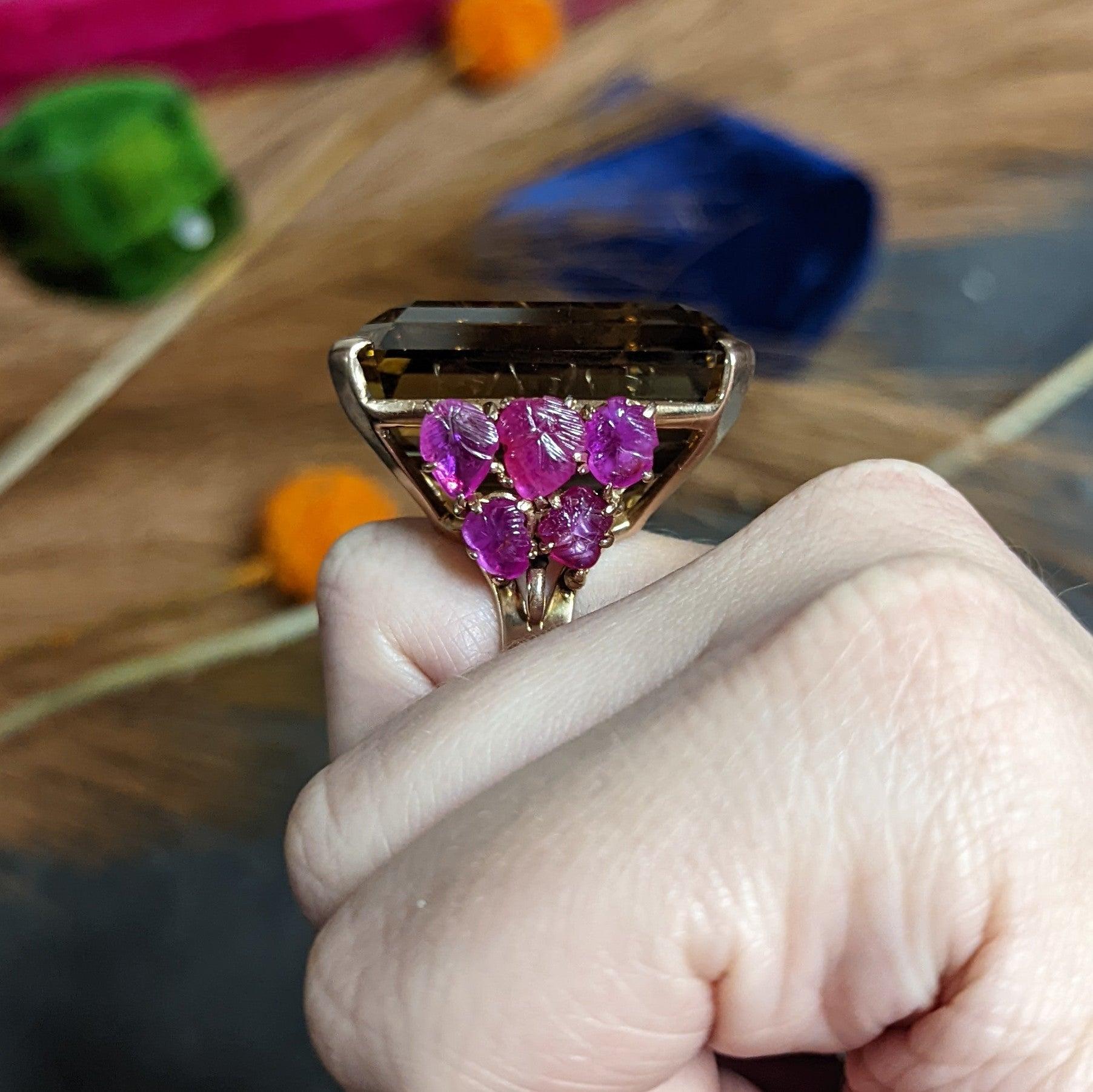 Retro Citrine Mughal Carved Ruby 14 Karat Rose Gold Statement Ring 6