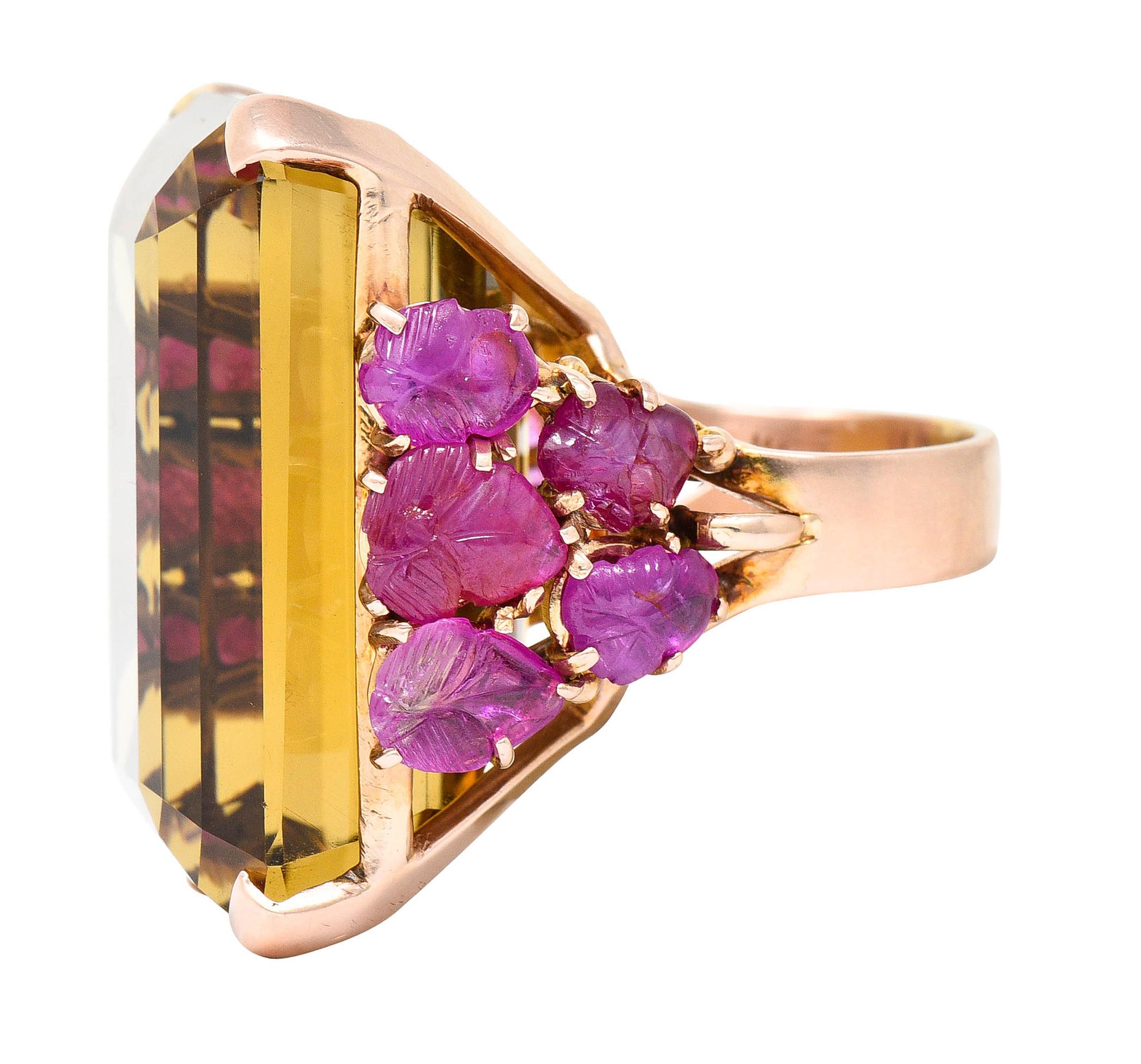 Emerald Cut Retro Citrine Mughal Carved Ruby 14 Karat Rose Gold Statement Ring