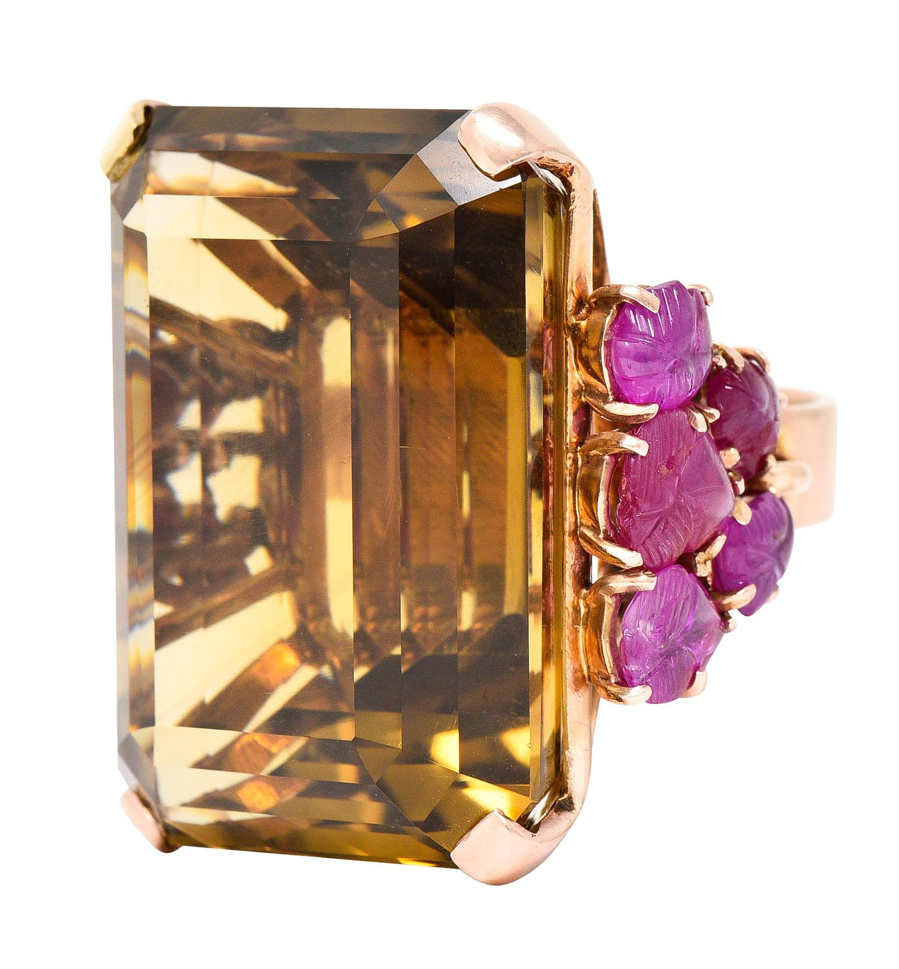 Retro Citrine Mughal Carved Ruby 14 Karat Rose Gold Statement Ring In Excellent Condition In Philadelphia, PA