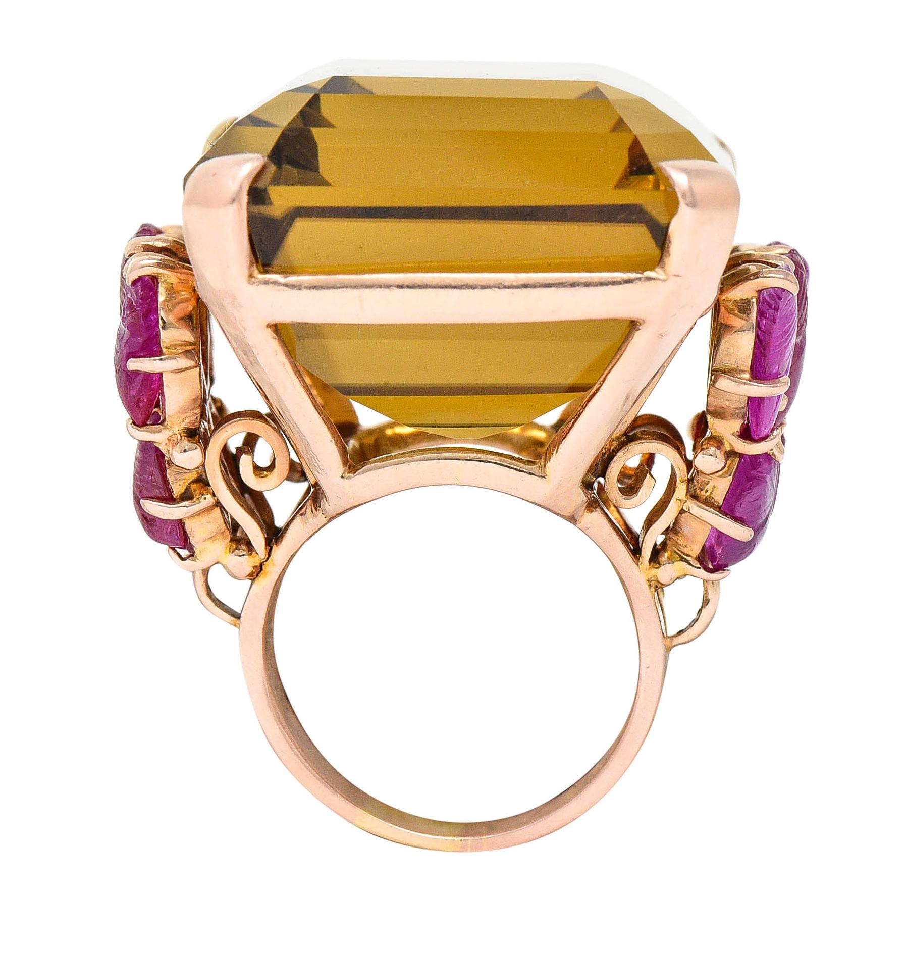 Women's or Men's Retro Citrine Mughal Carved Ruby 14 Karat Rose Gold Statement Ring