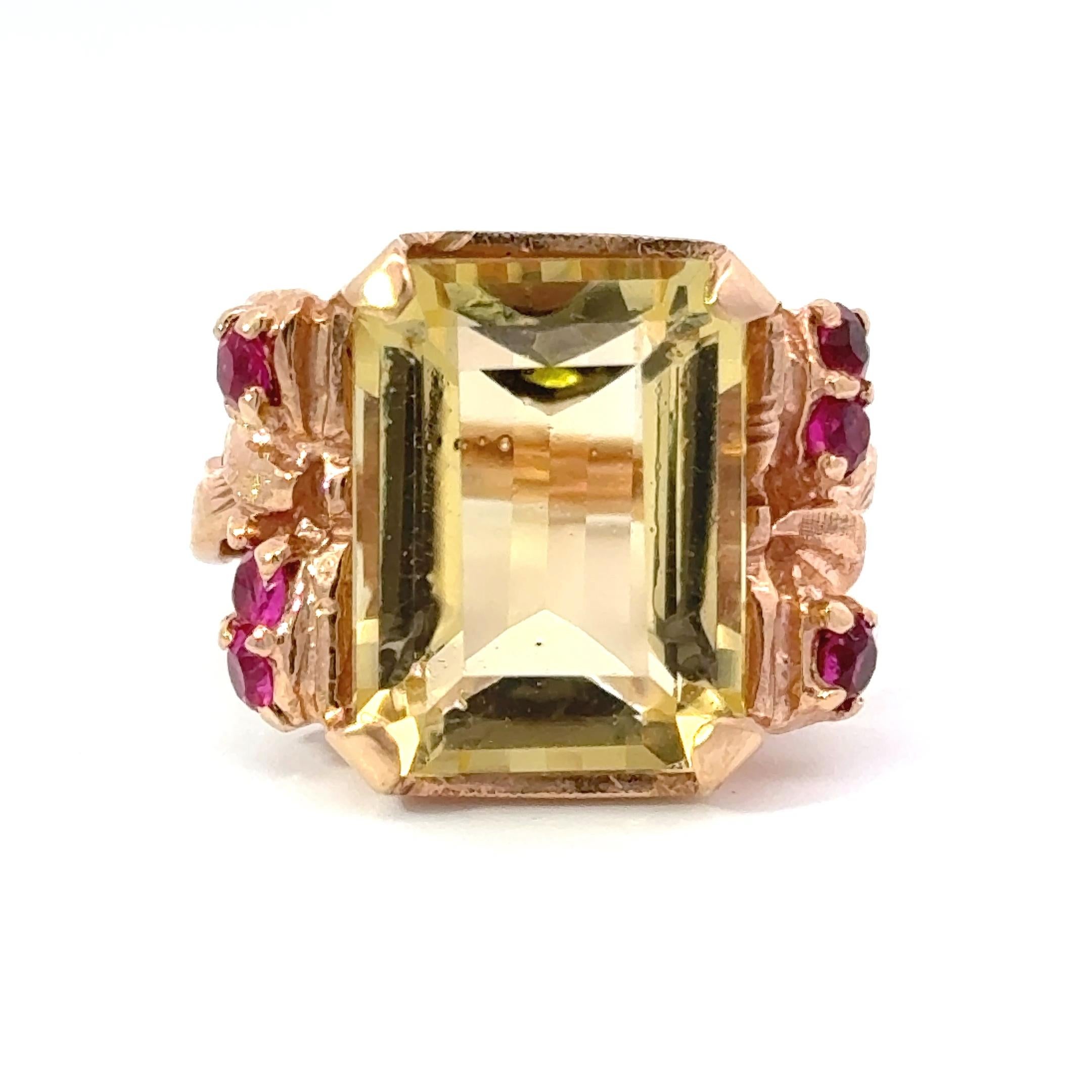 Taille princesse Bague rétro en citrine, rubis et or jaune 14K en vente