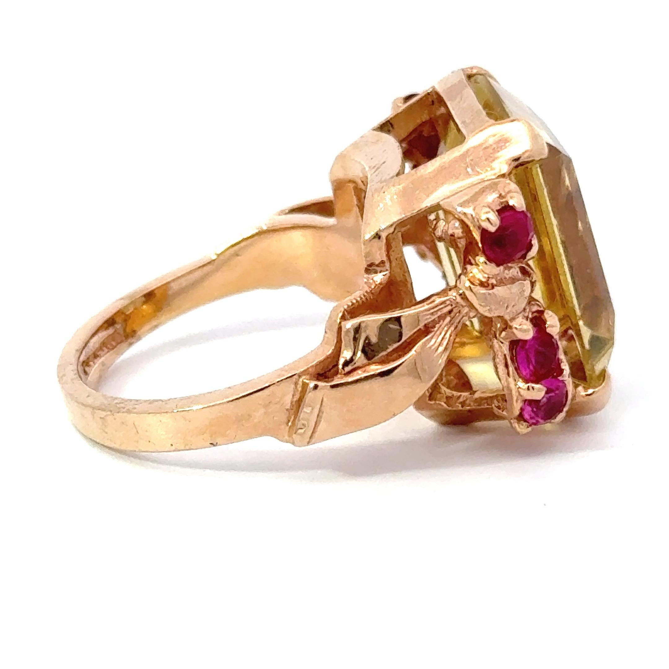 Bague rétro en citrine, rubis et or jaune 14K Bon état - En vente à Derby, NY