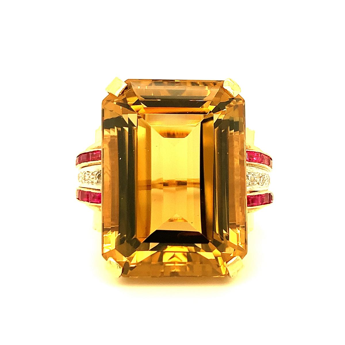 Emerald Cut Retro Citrine, Ruby and Diamond 14k Gold Cocktail Ring, circa 1940s For Sale