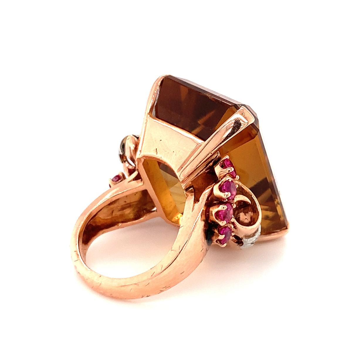 Retro Citrine, Ruby and Diamond 18K Rose Gold Ring, circa 1940s In Good Condition For Sale In Beverly Hills, CA