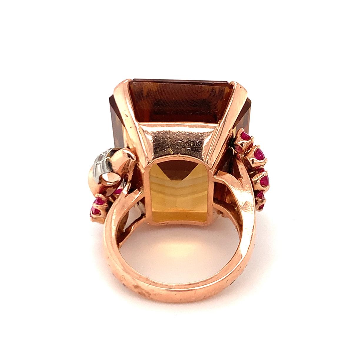 Women's Retro Citrine, Ruby and Diamond 18K Rose Gold Ring, circa 1940s For Sale