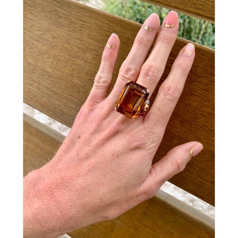 Retro Citrine, Ruby and Diamond 18K Rose Gold Ring, circa 1940s For Sale 1