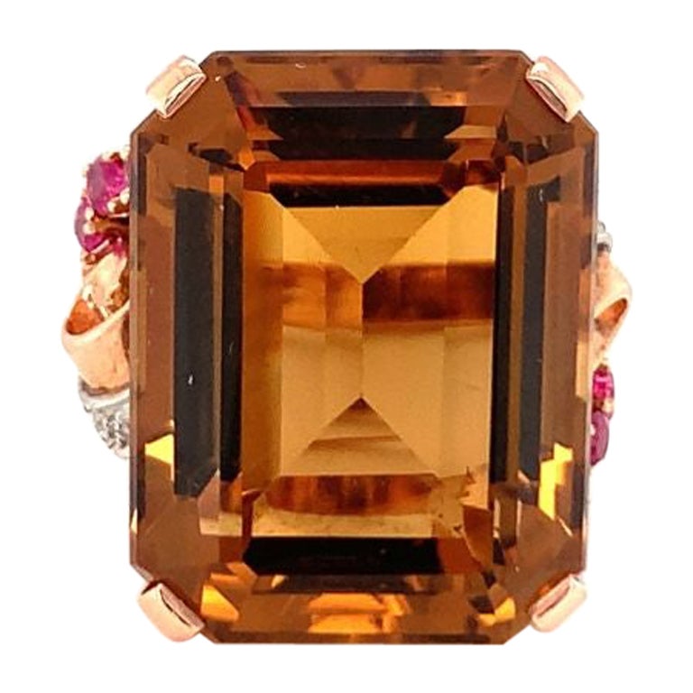 Retro-Ring aus 18-karätigem Roségold mit Citrin, Rubin und Diamant, um 1940 im Angebot
