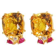 Retro Citrine, Ruby and Diamond Earrings, mid 20th century.